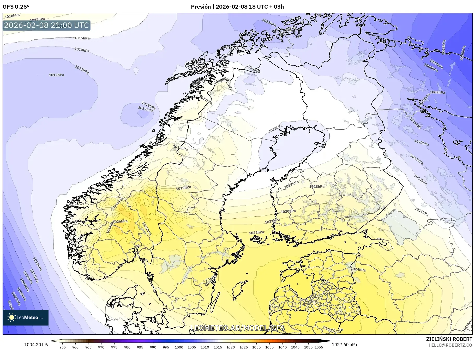GFS model - Escandinavia, Presión