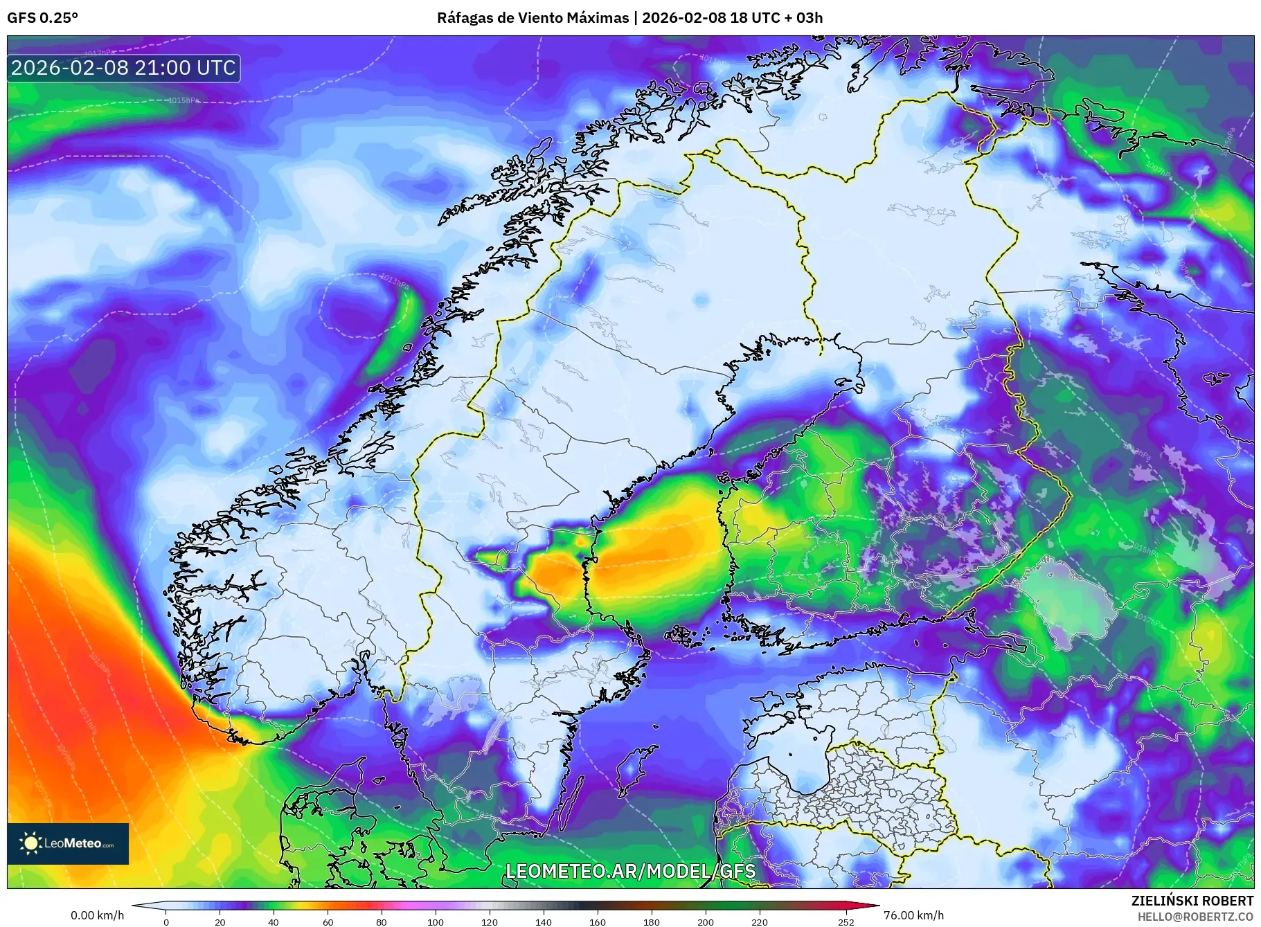 GFS model - Escandinavia, Ráfagas de Viento Máximas