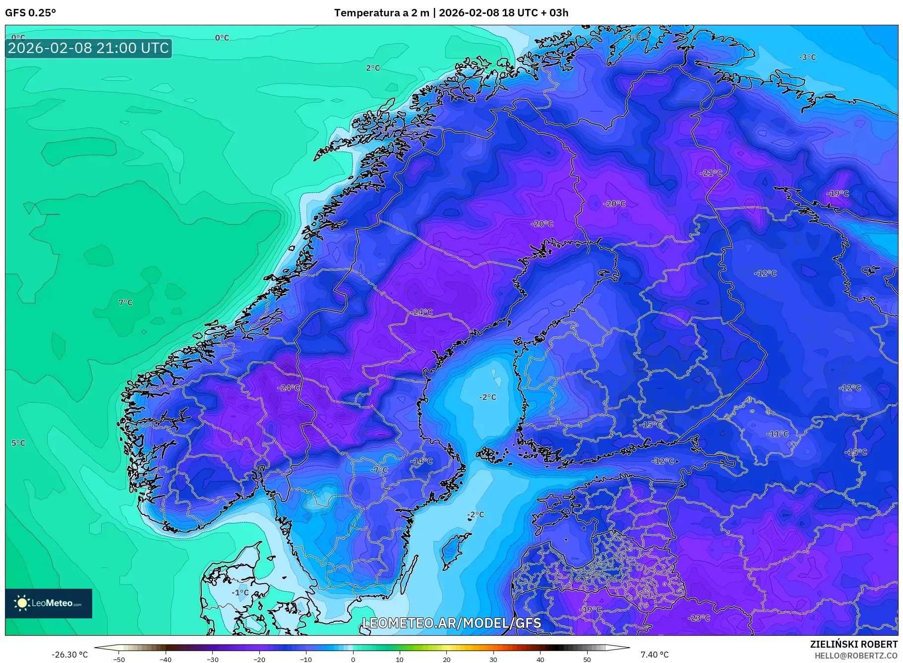 GFS model - Escandinavia, Temperatura a 2 m