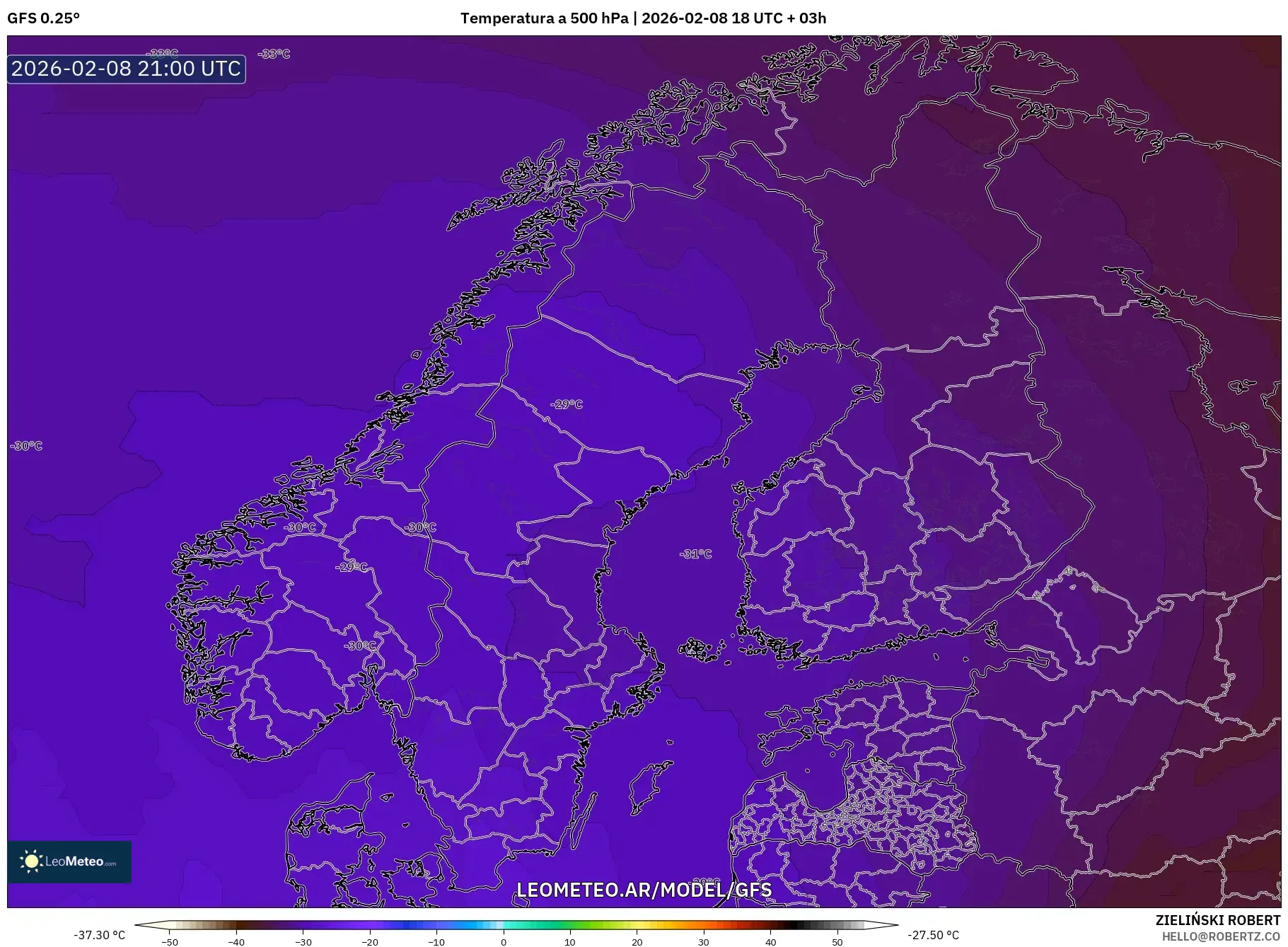 GFS model - Escandinavia, Temperatura a 500 hPa