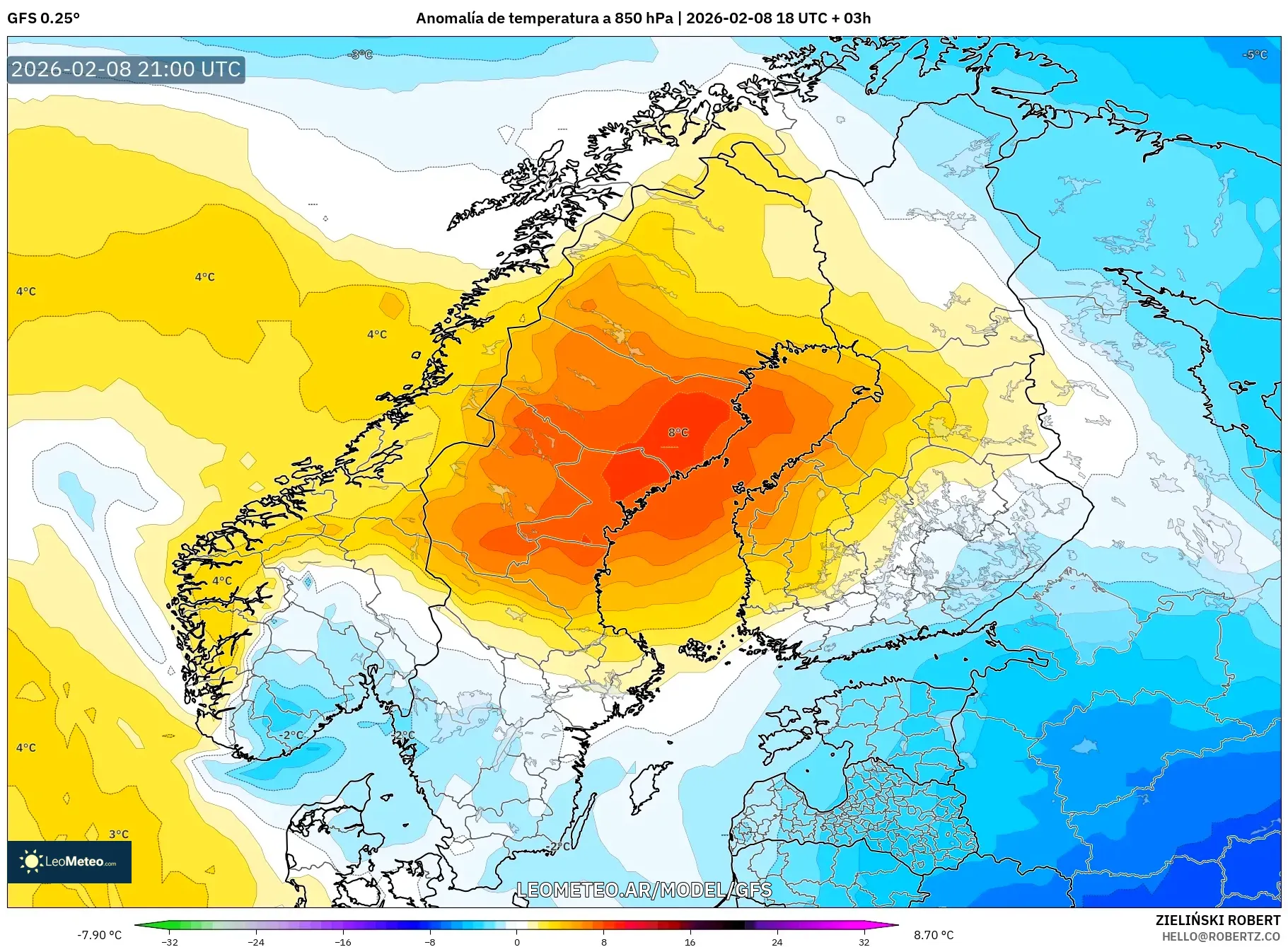GFS model - Escandinavia, Anomalía de temperatura a 850 hPa