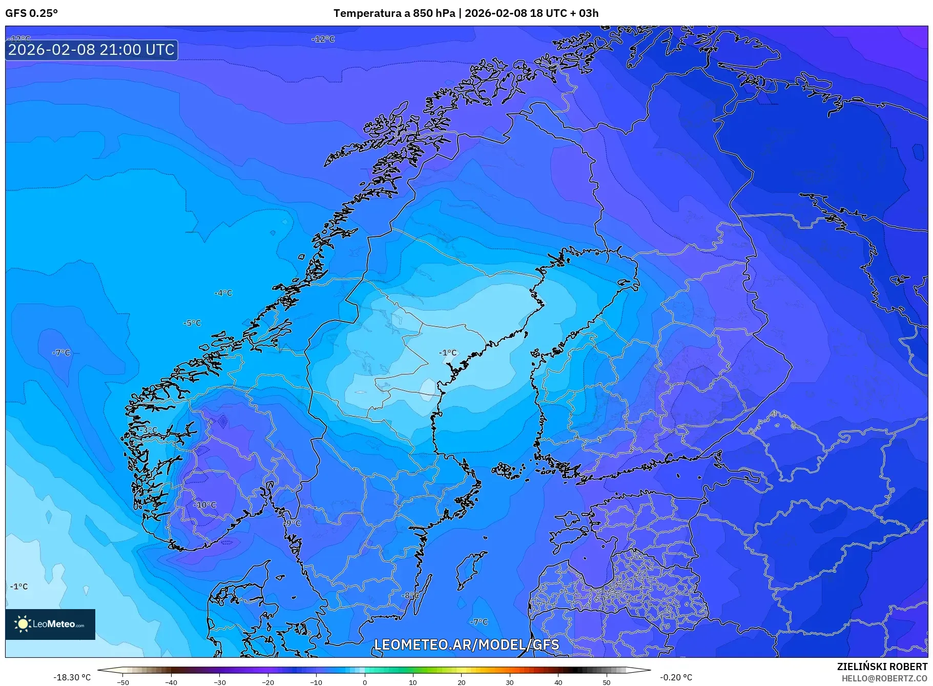 GFS model - Escandinavia, Temperatura a 850 hPa