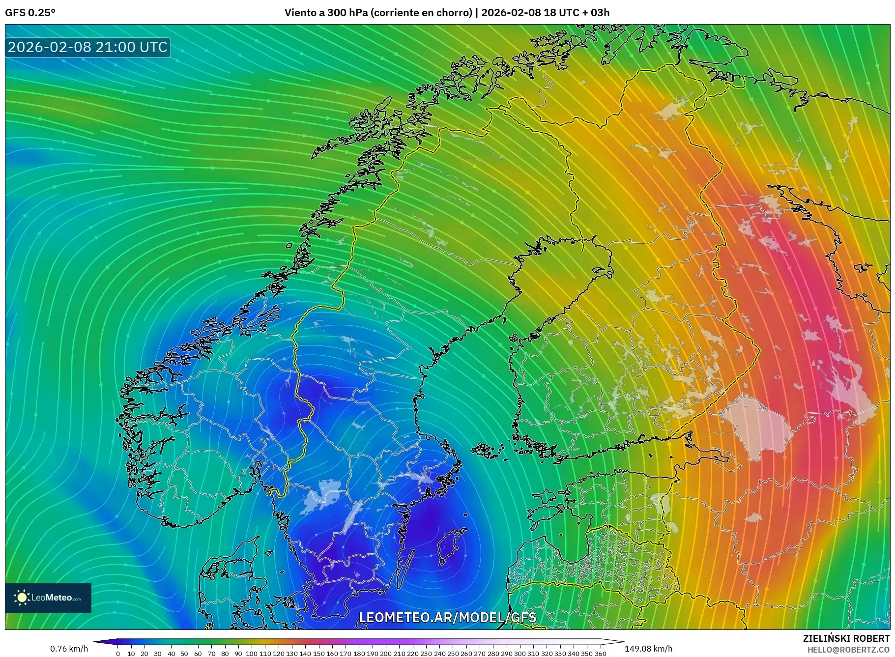 GFS model - Escandinavia, Viento a 300 hPa (corriente en chorro)
