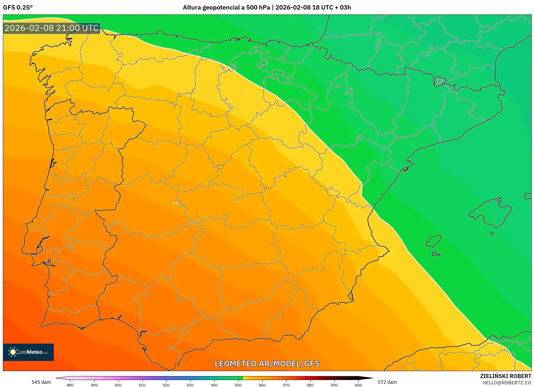 GFS model - España, Altura geopotencial a 500 hPa
