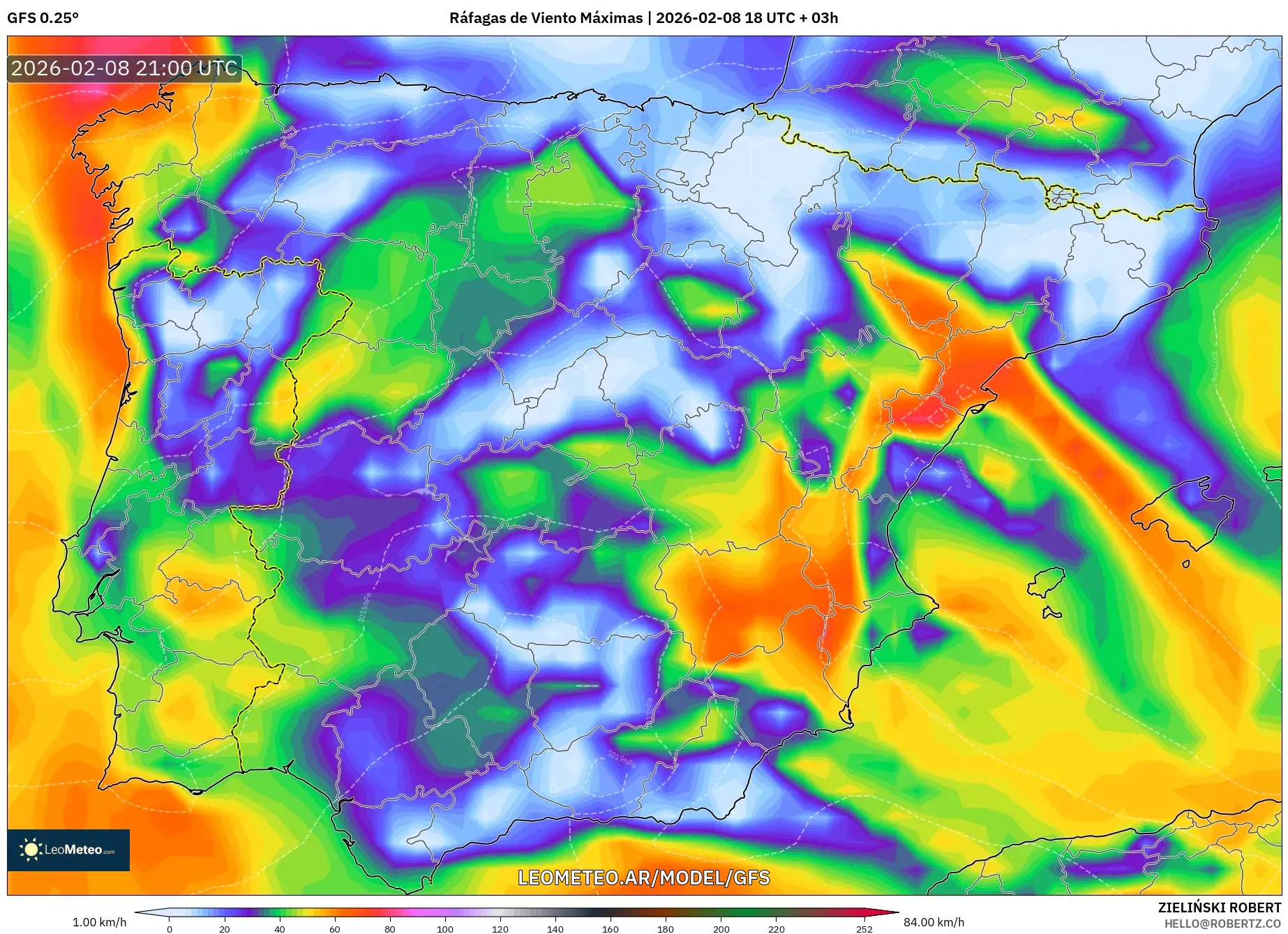 GFS model - España, Ráfagas de Viento Máximas