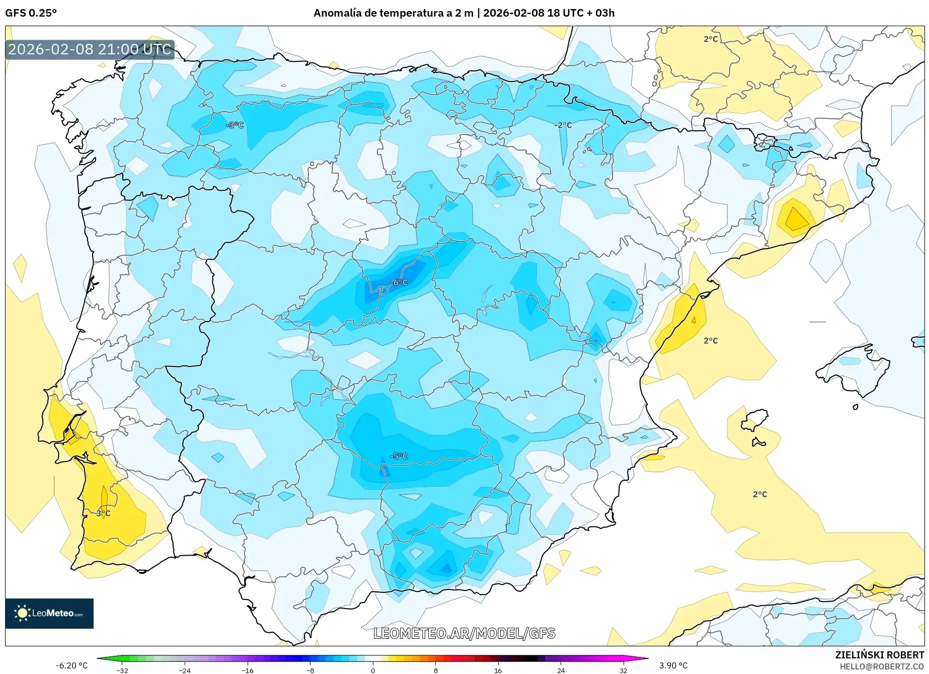 GFS model - España, Anomalía de temperatura a 2 m