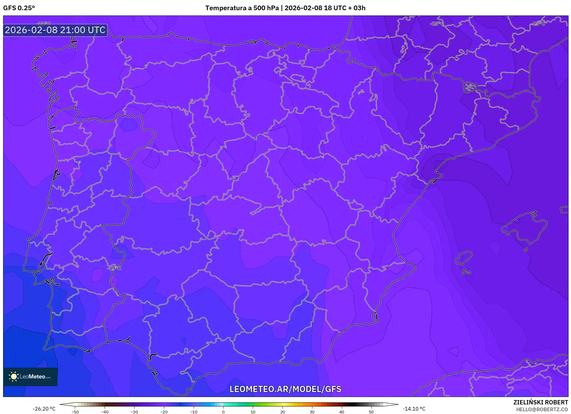 GFS model - España, Temperatura a 500 hPa