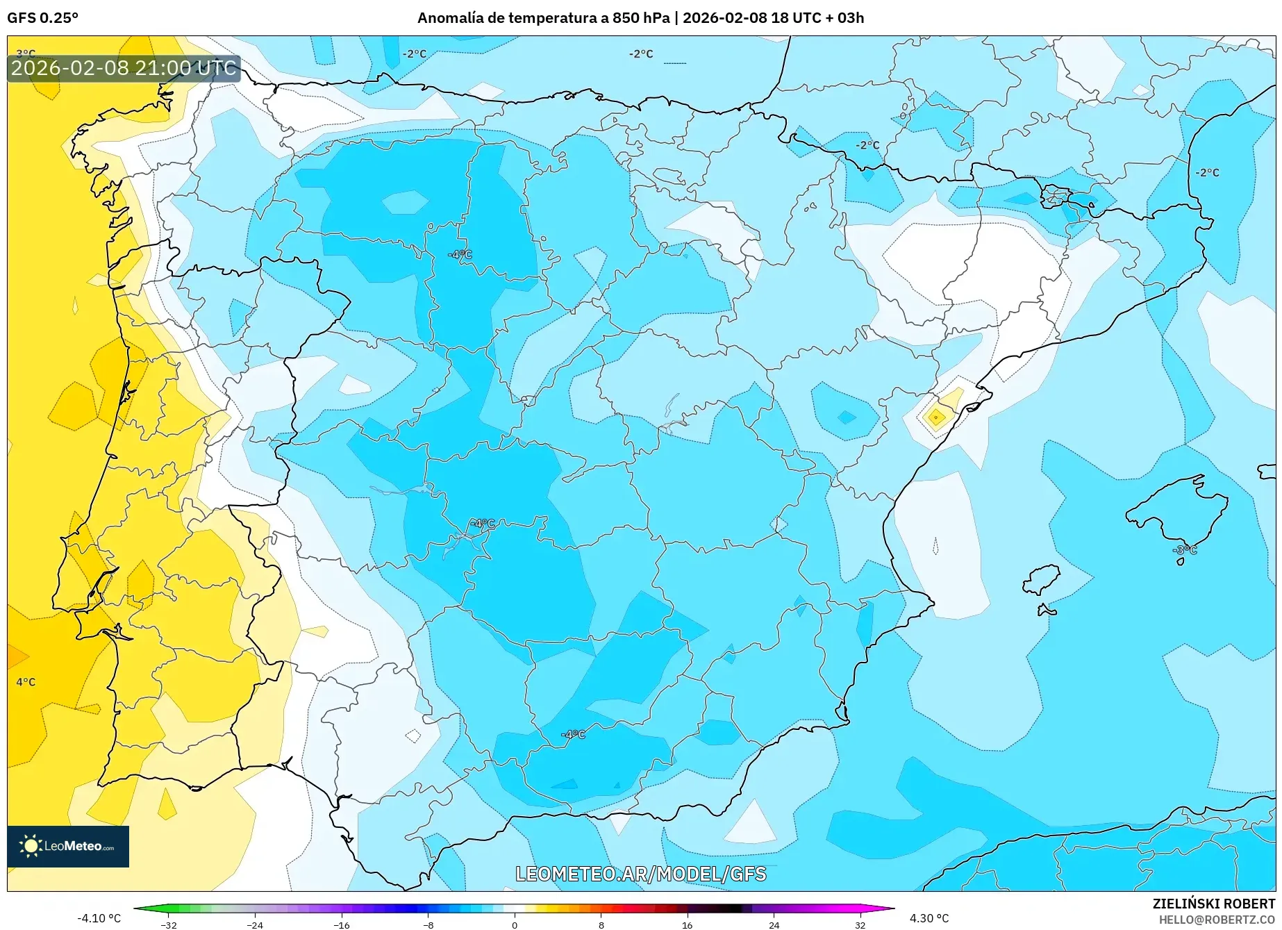 GFS model - España, Anomalía de temperatura a 850 hPa