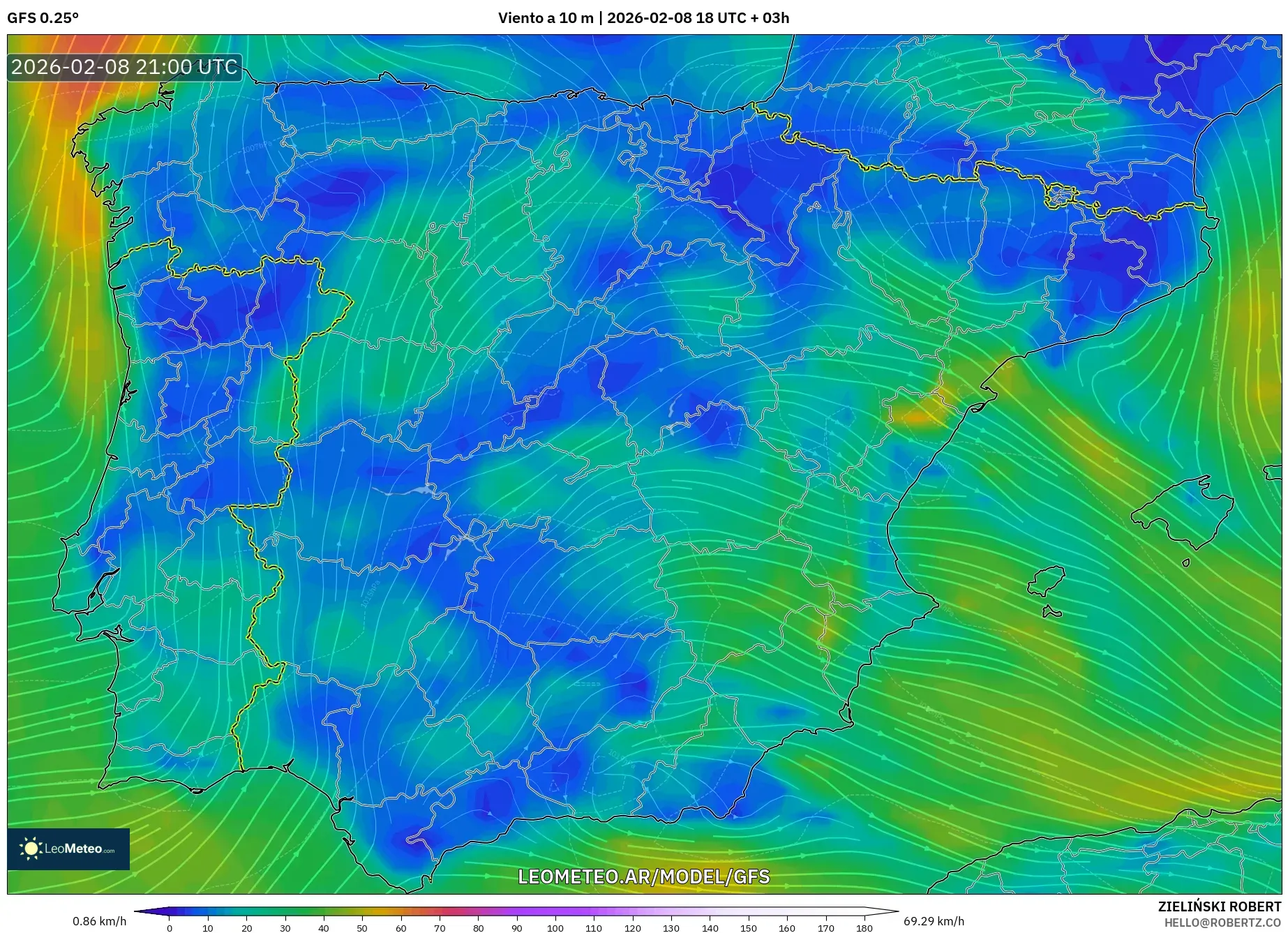 GFS model - España, Viento a 10 m