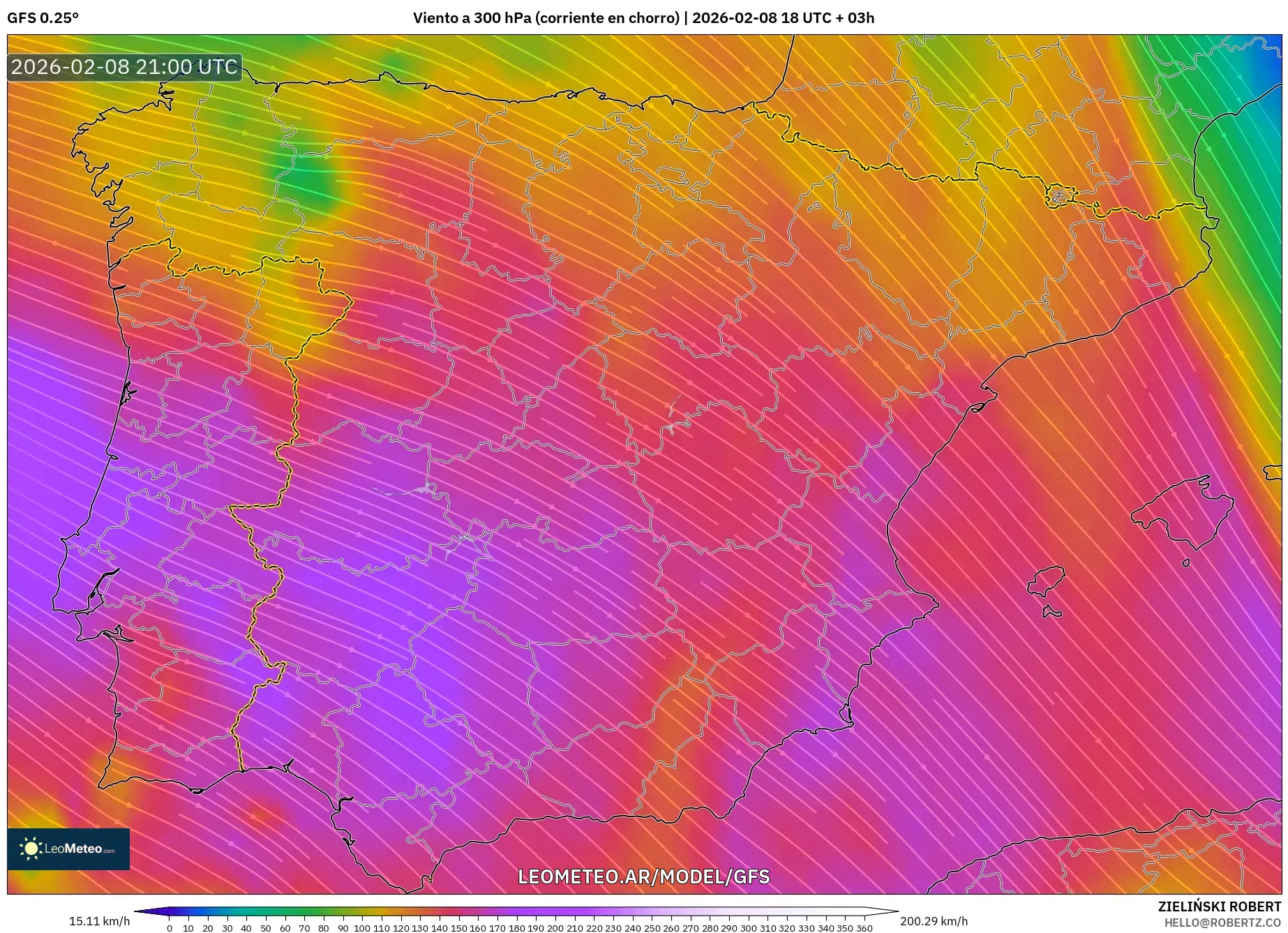 GFS model - España, Viento a 300 hPa (corriente en chorro)