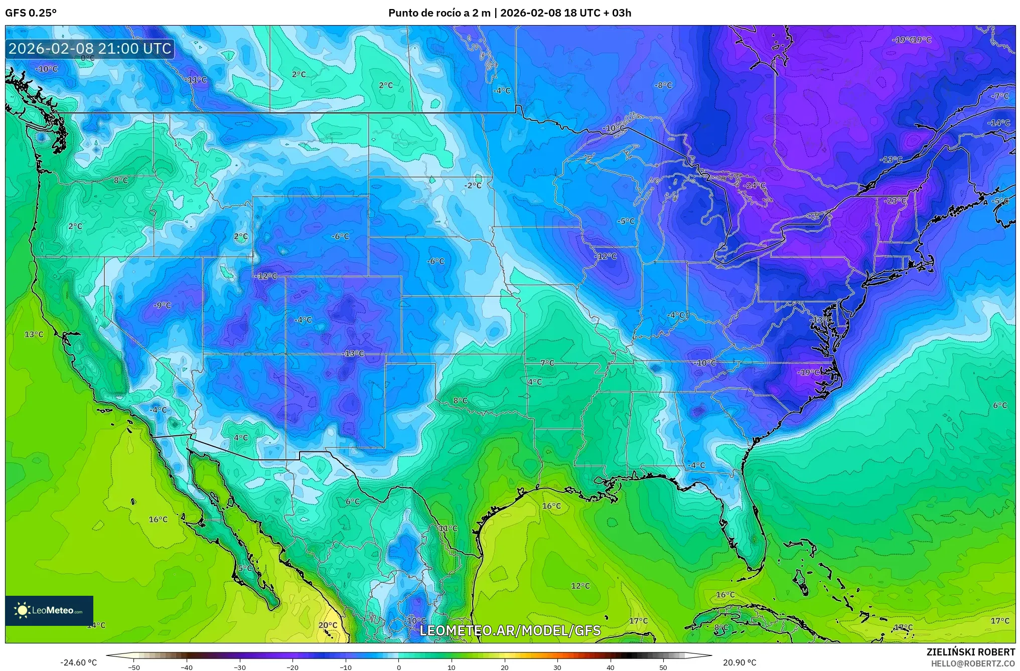 GFS model - Estados Unidos, Punto de rocío a 2 m