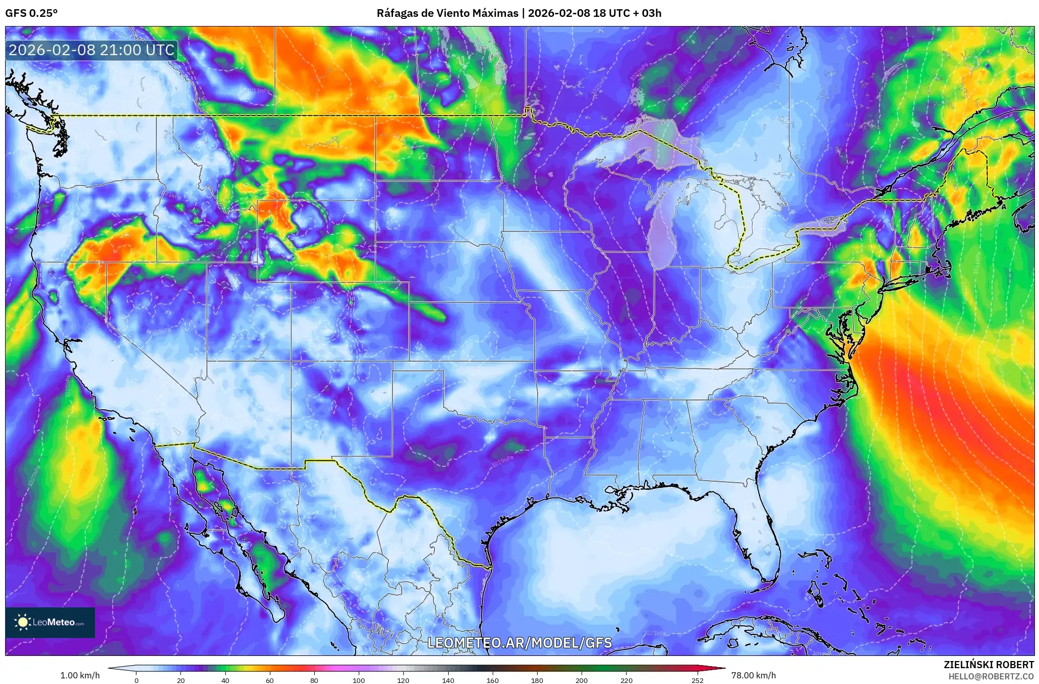 GFS model - Estados Unidos, Ráfagas de Viento Máximas