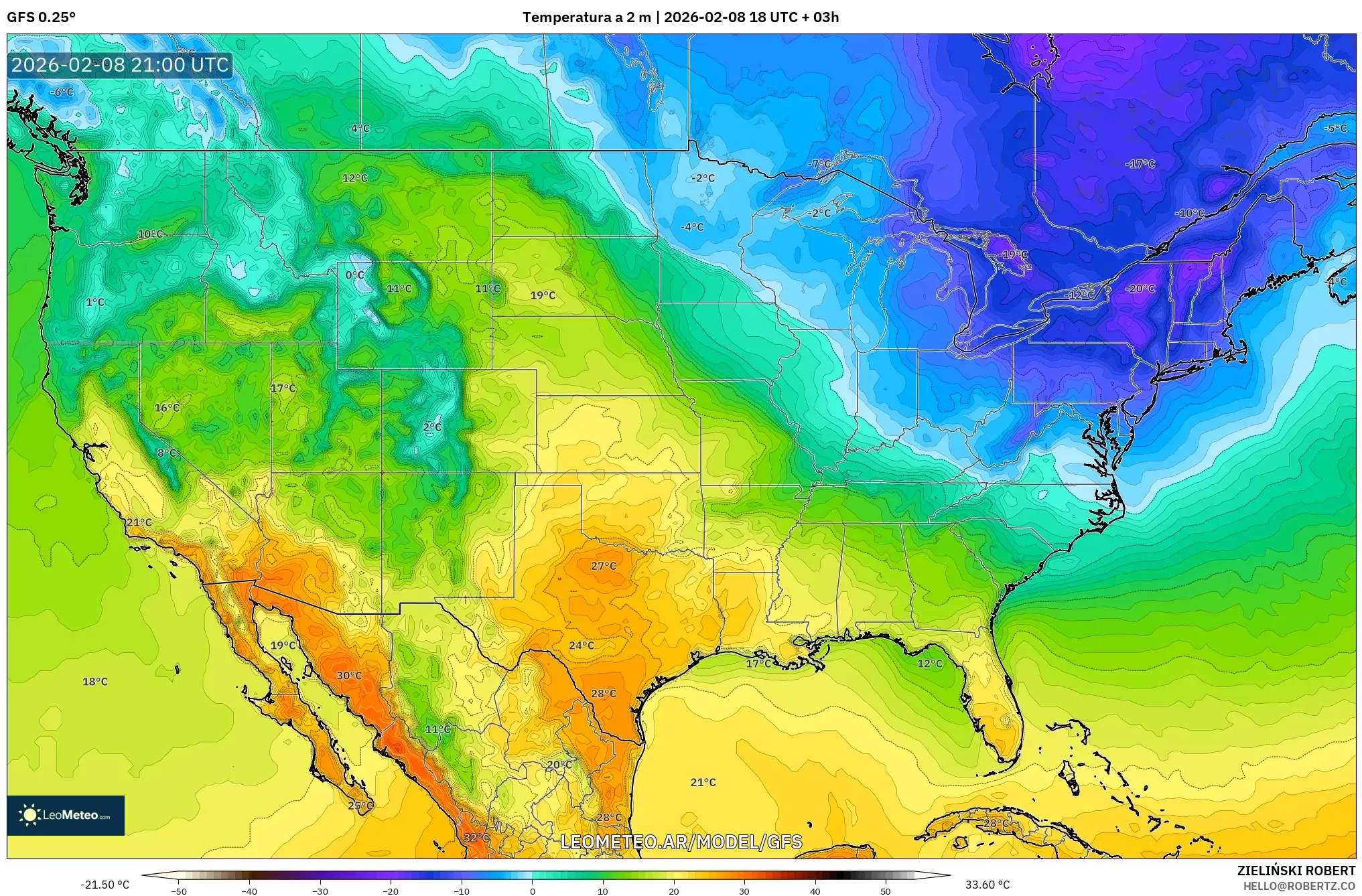 GFS model - Estados Unidos, Temperatura a 2 m