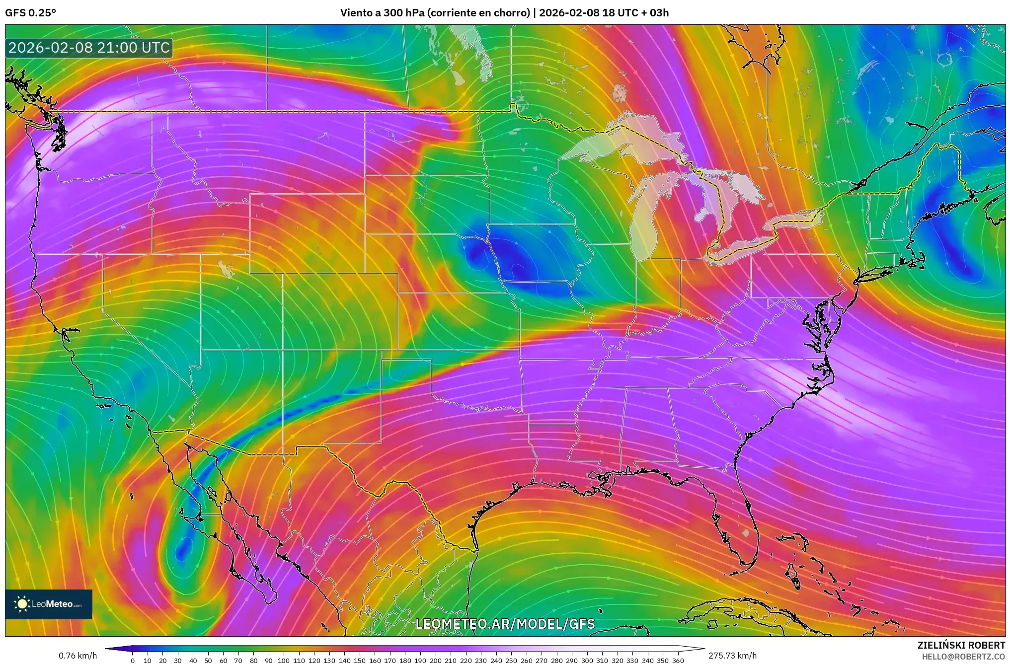 GFS model - Estados Unidos, Viento a 300 hPa (corriente en chorro)