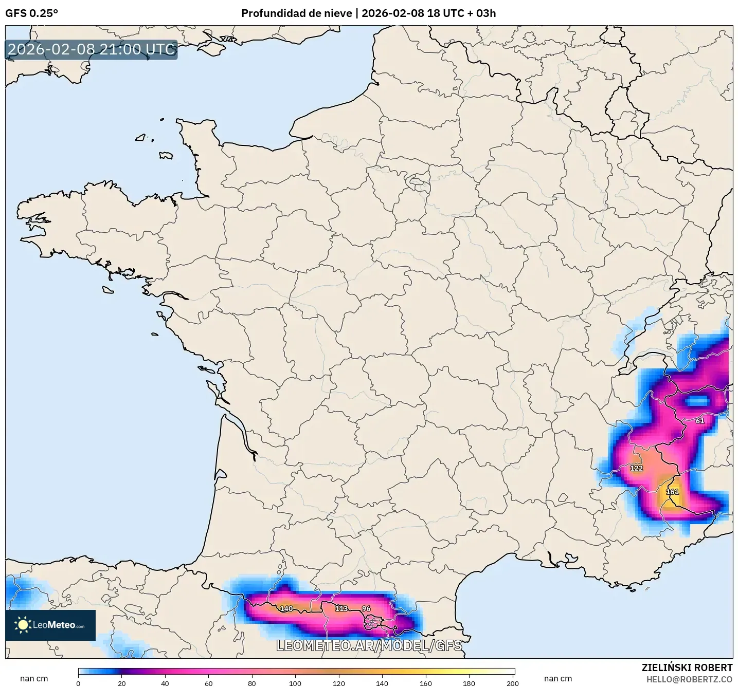 GFS model - Francia, Profundidad de nieve