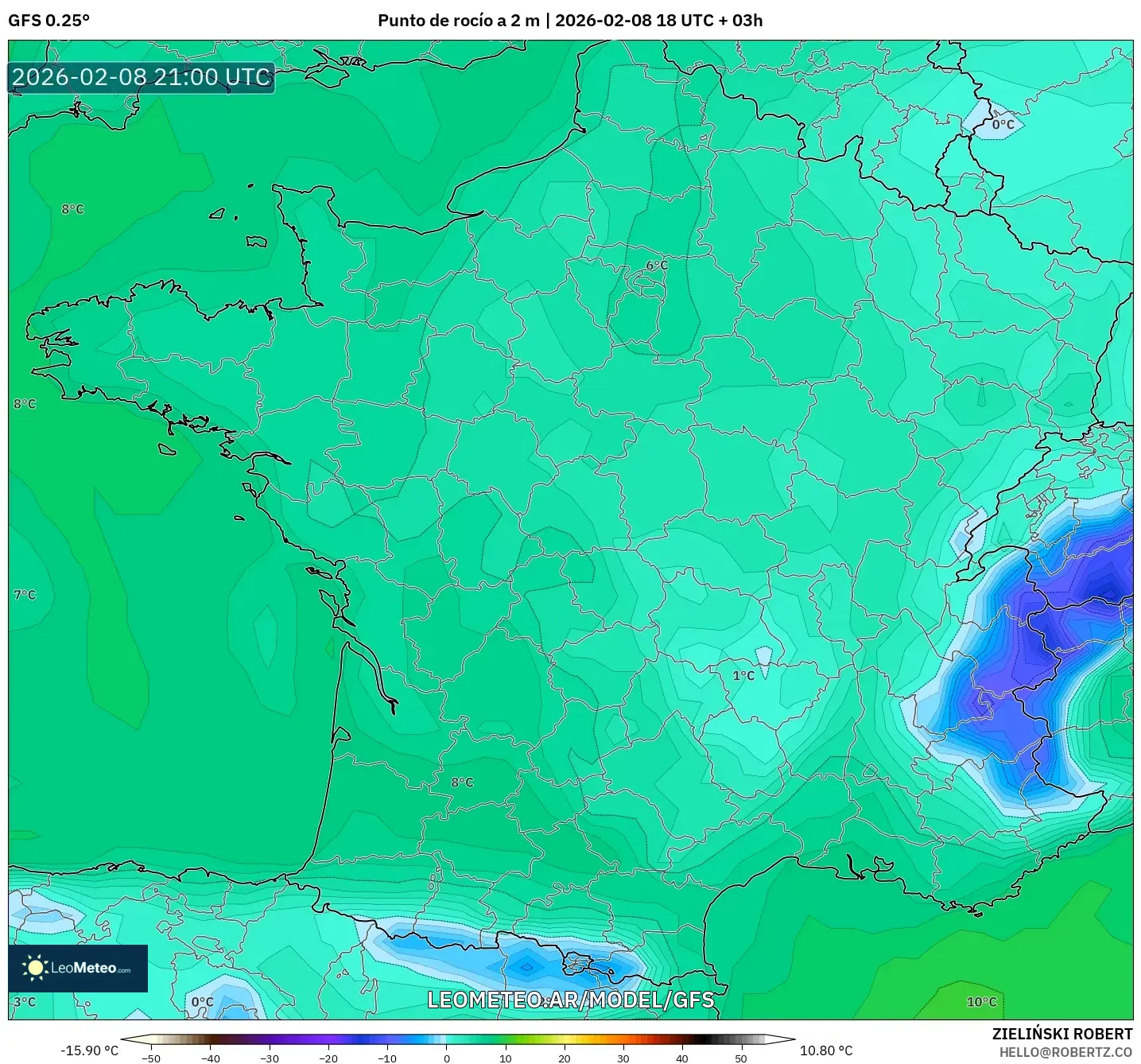 GFS model - Francia, Punto de rocío a 2 m