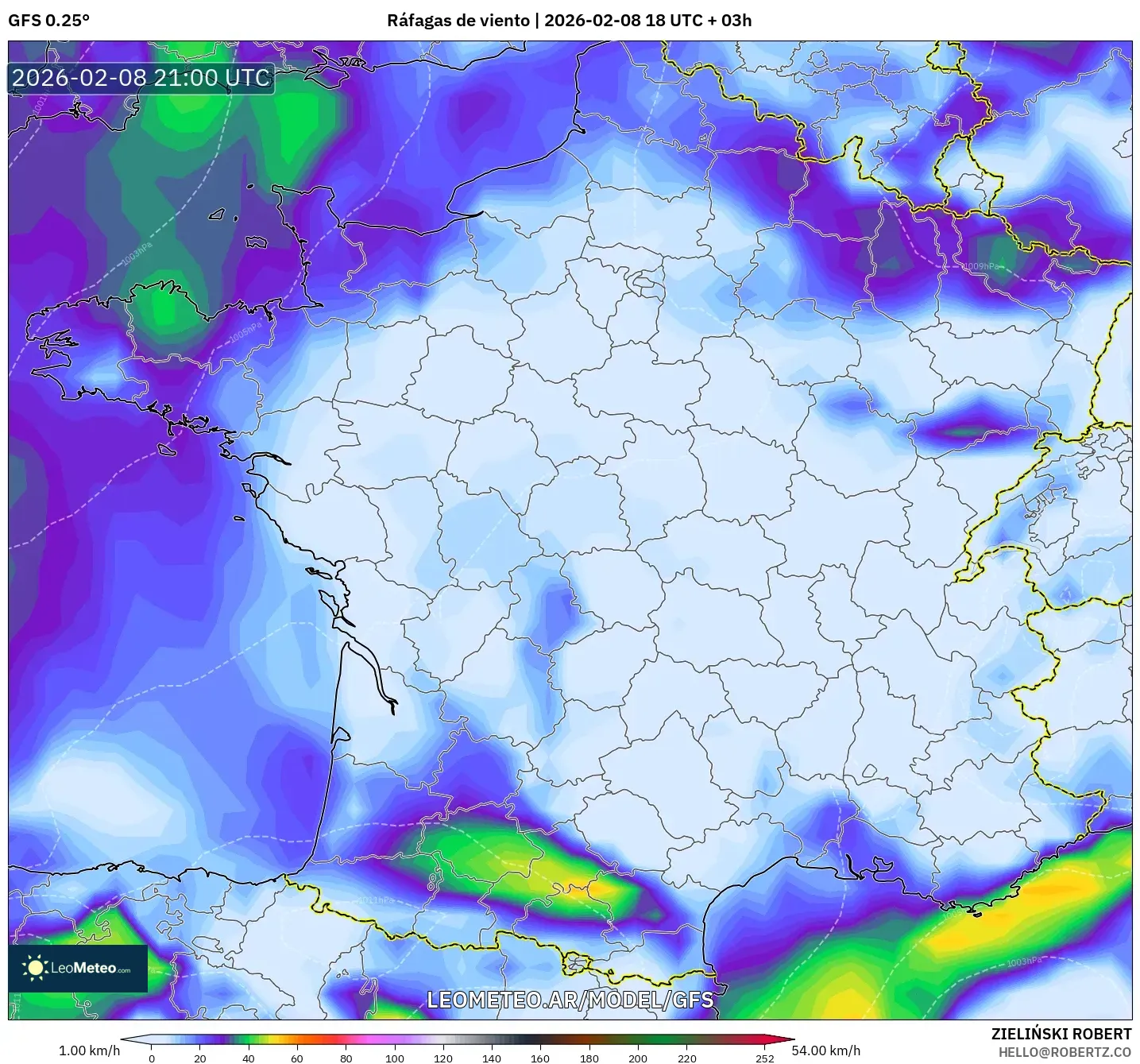 GFS model - Francia, Ráfagas de viento