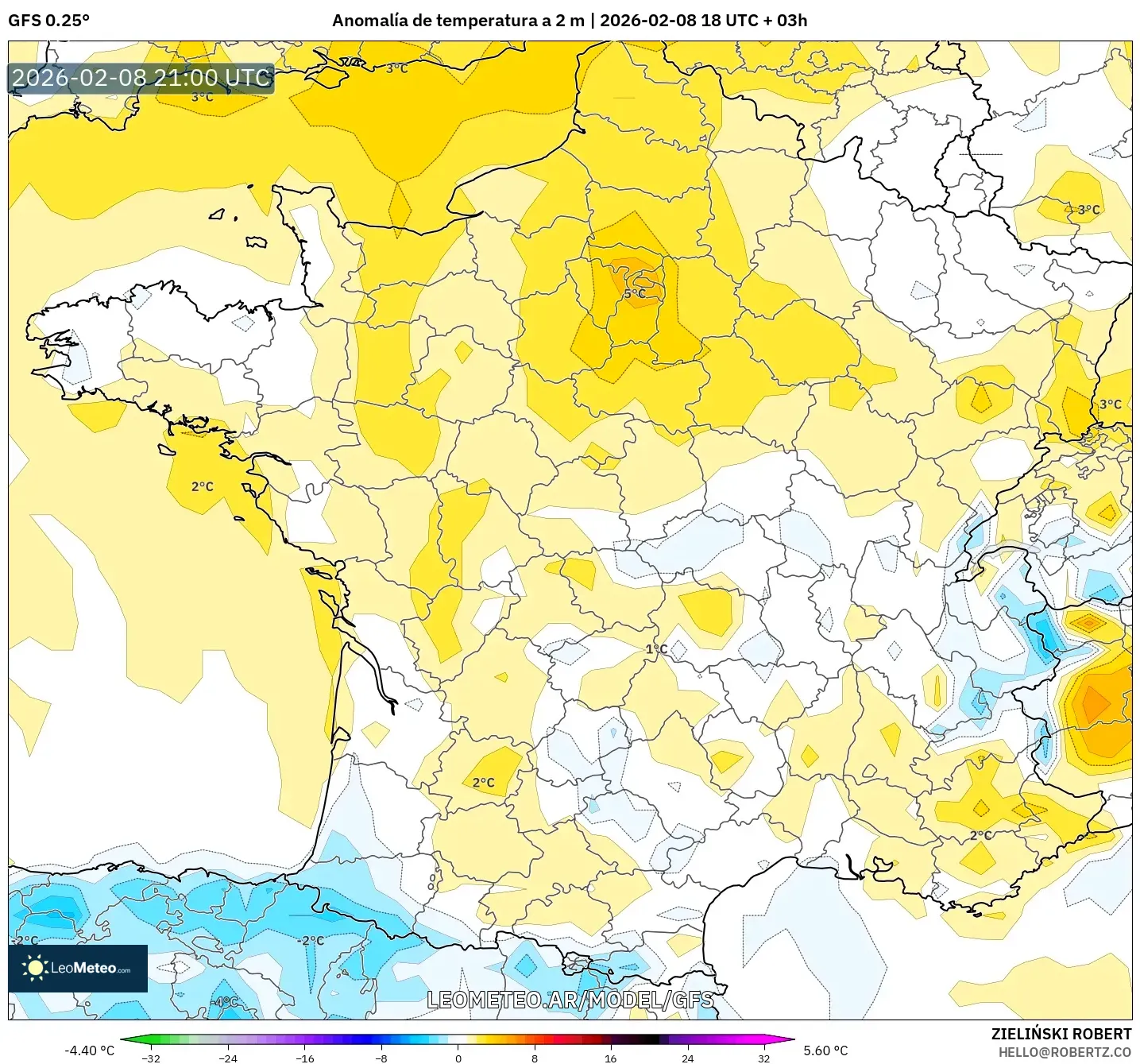 GFS model - Francia, Anomalía de temperatura a 2 m