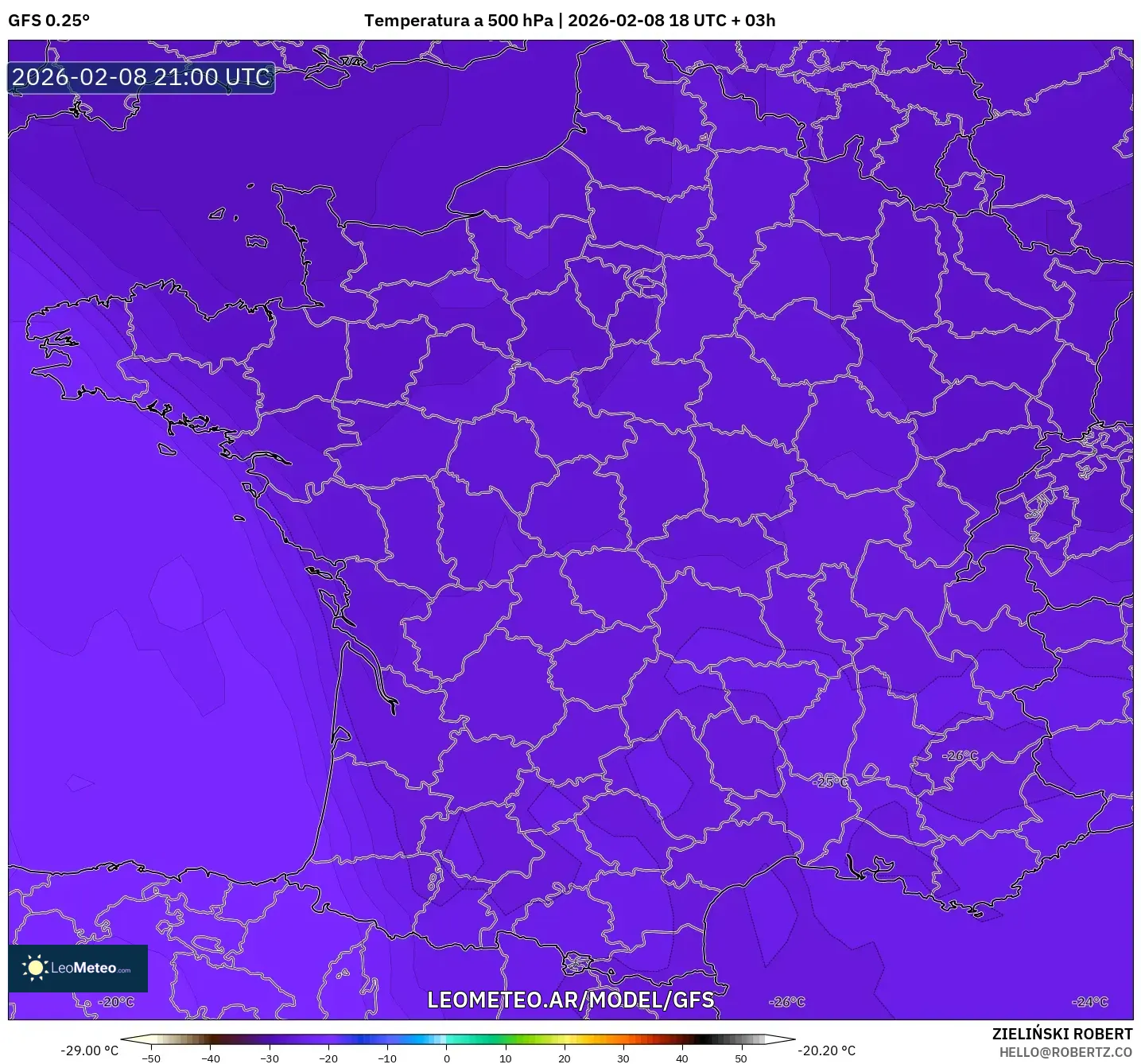 GFS model - Francia, Temperatura a 500 hPa
