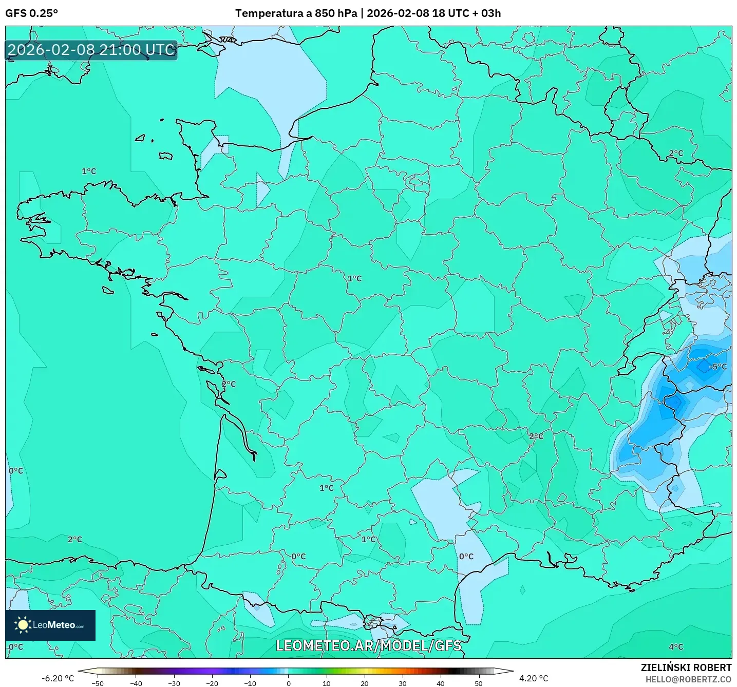 GFS model - Francia, Temperatura a 850 hPa