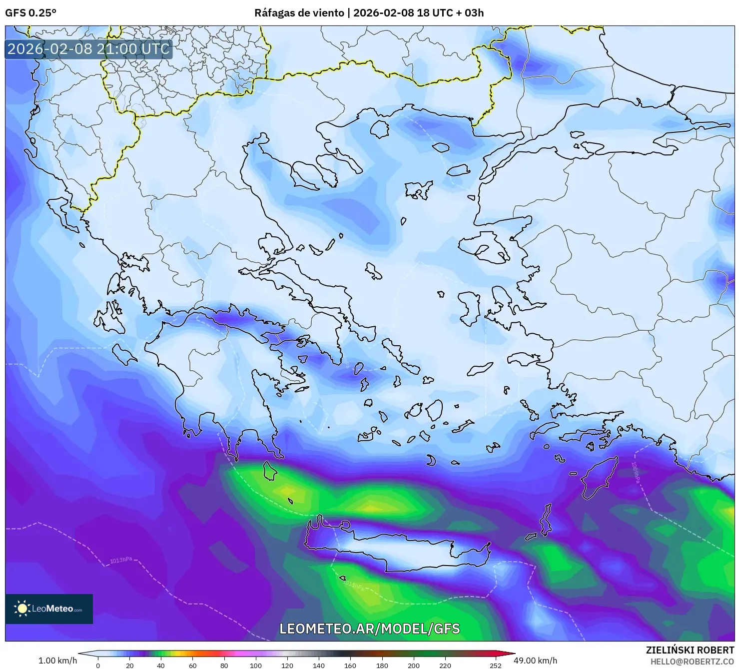 GFS model - Grecia, Ráfagas de viento