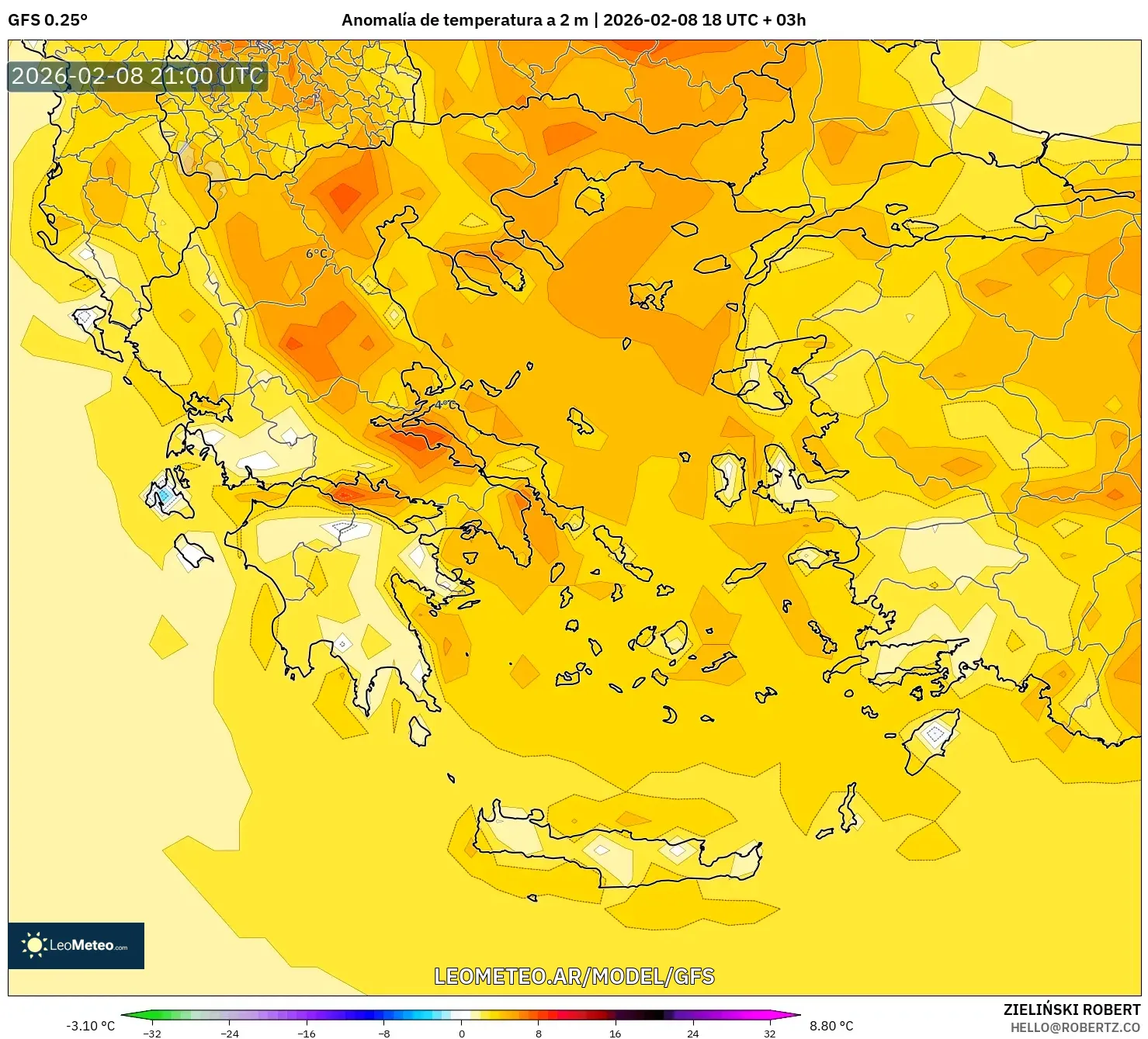 GFS model - Grecia, Anomalía de temperatura a 2 m