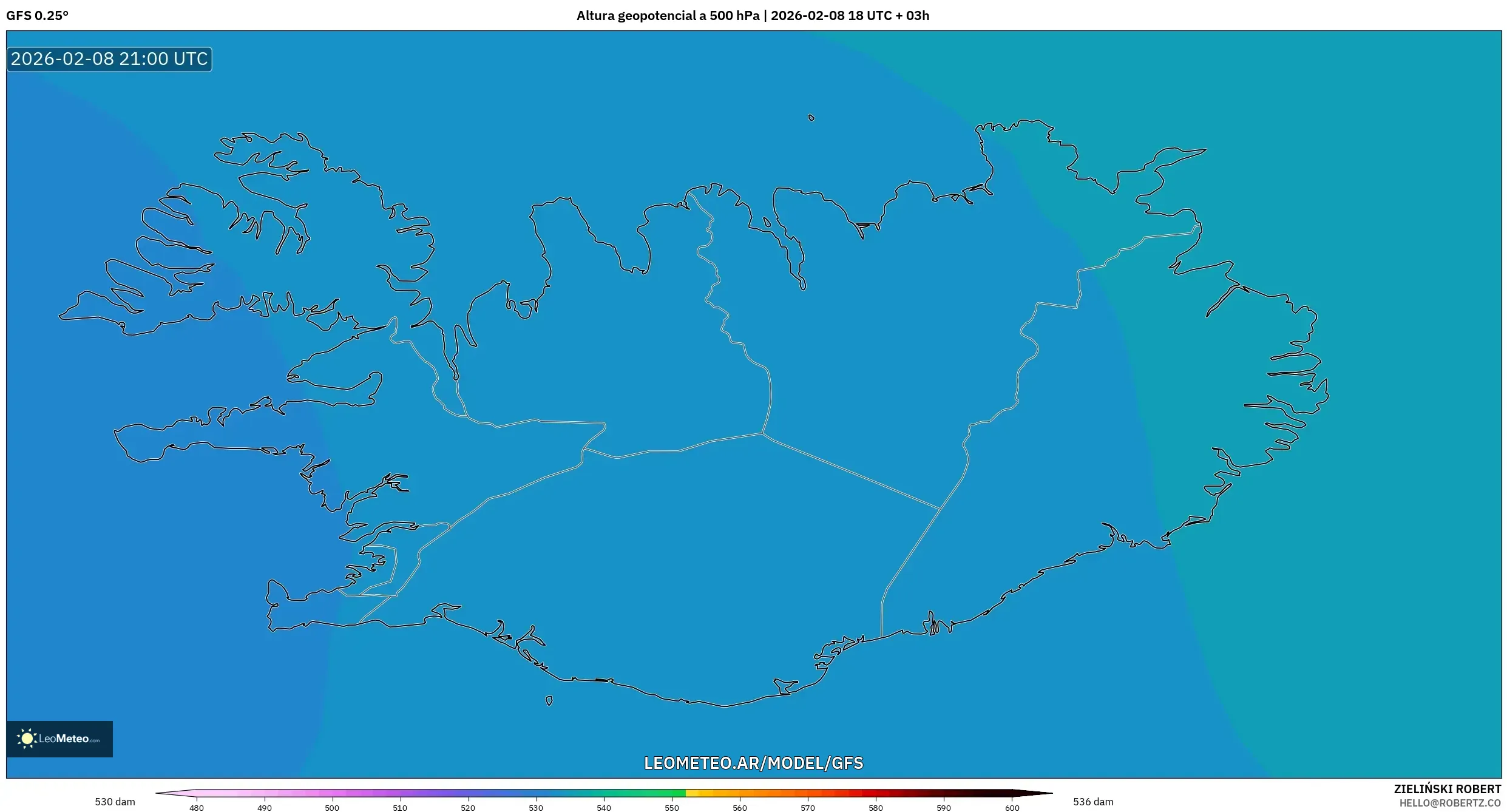 GFS model - Islandia, Altura geopotencial a 500 hPa