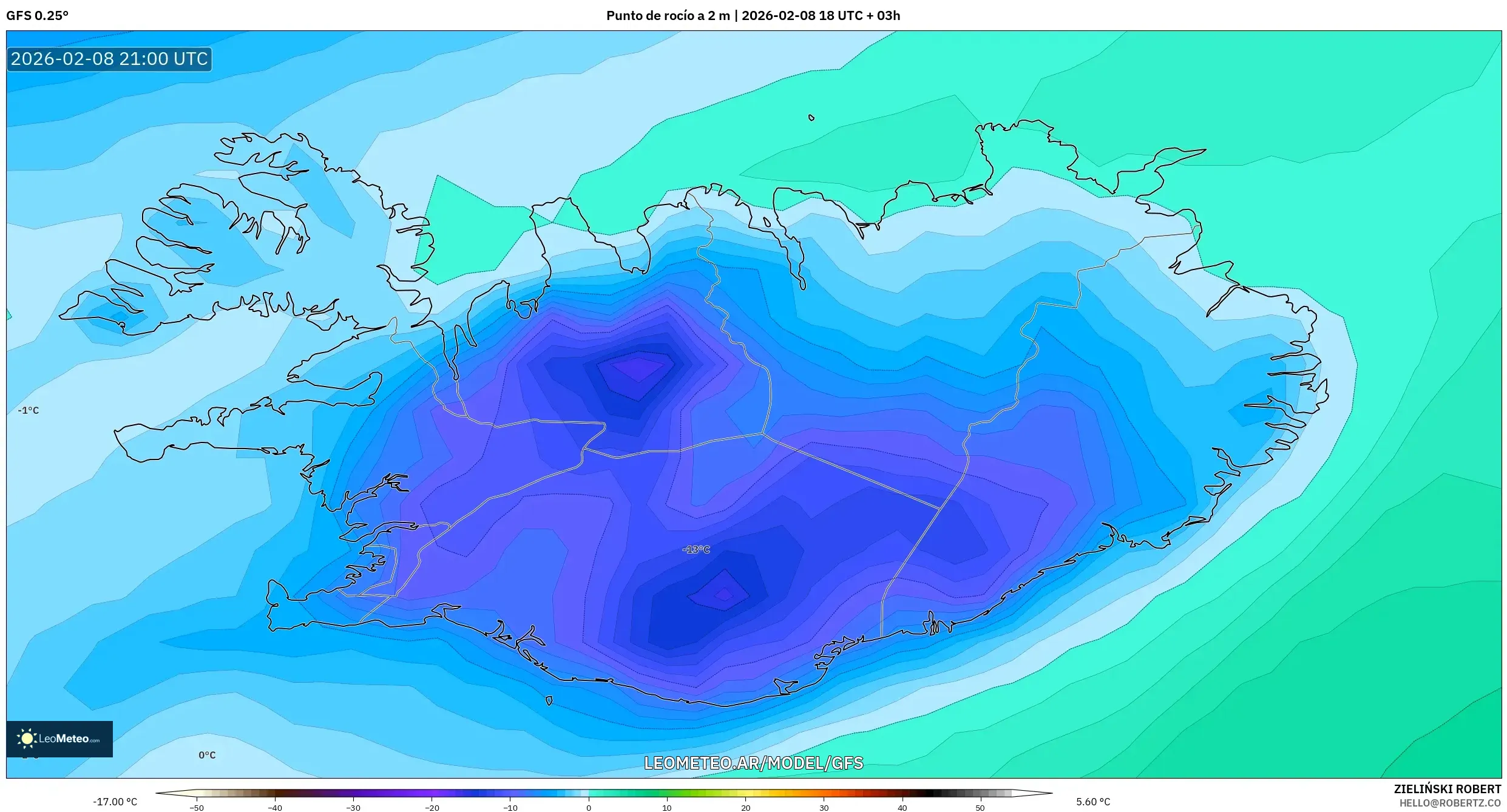 GFS model - Islandia, Punto de rocío a 2 m