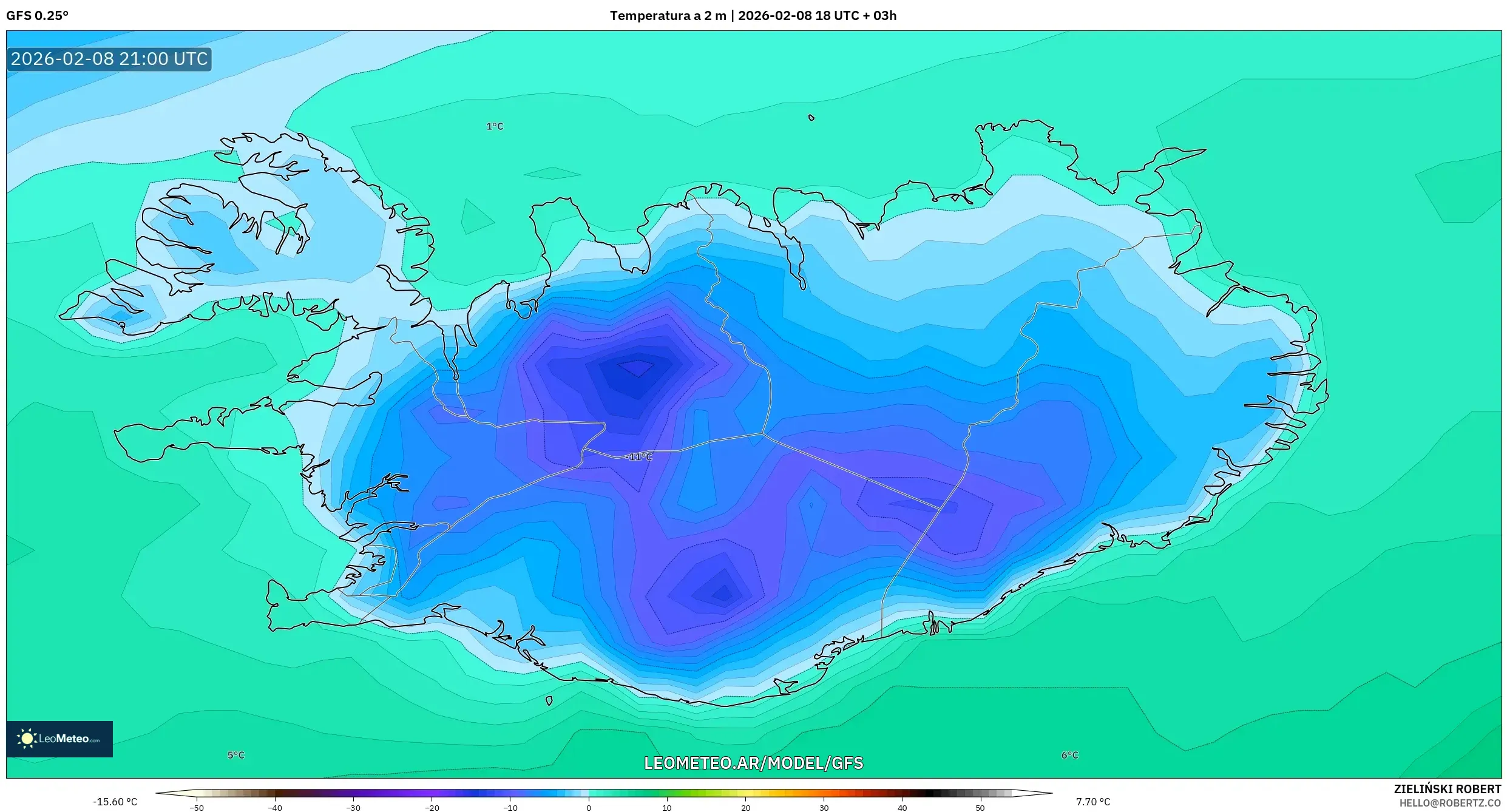 GFS model - Islandia, Temperatura a 2 m