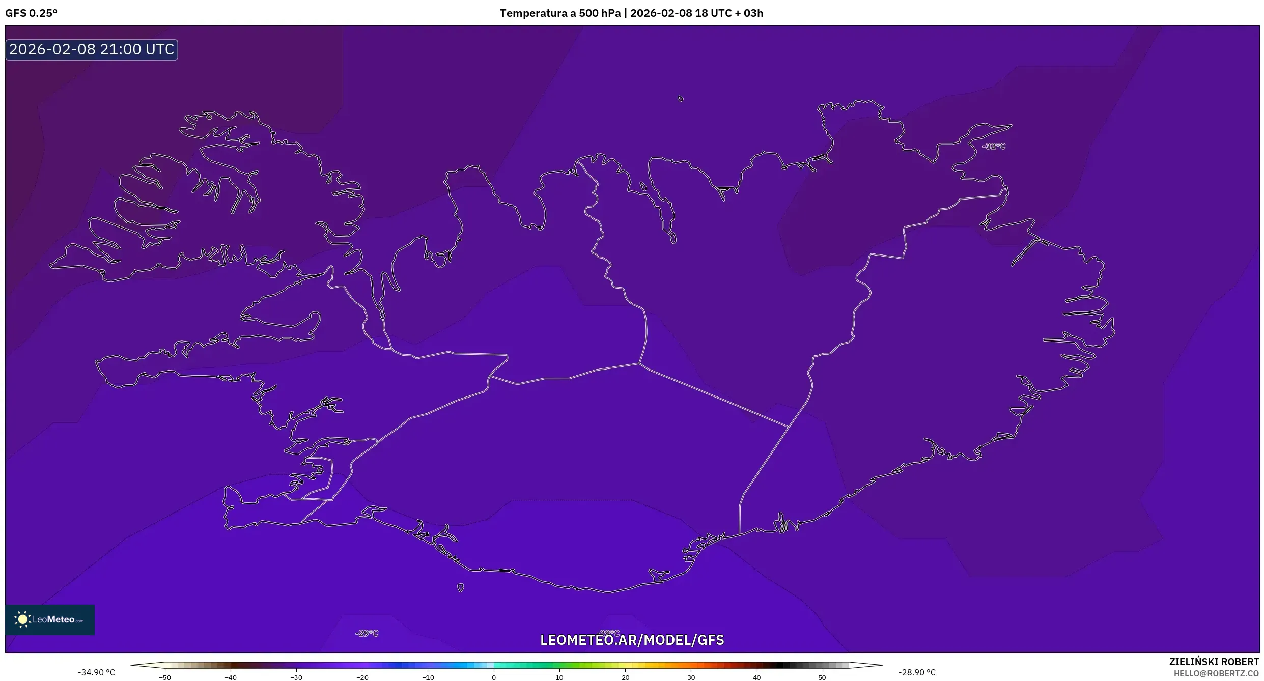 GFS model - Islandia, Temperatura a 500 hPa