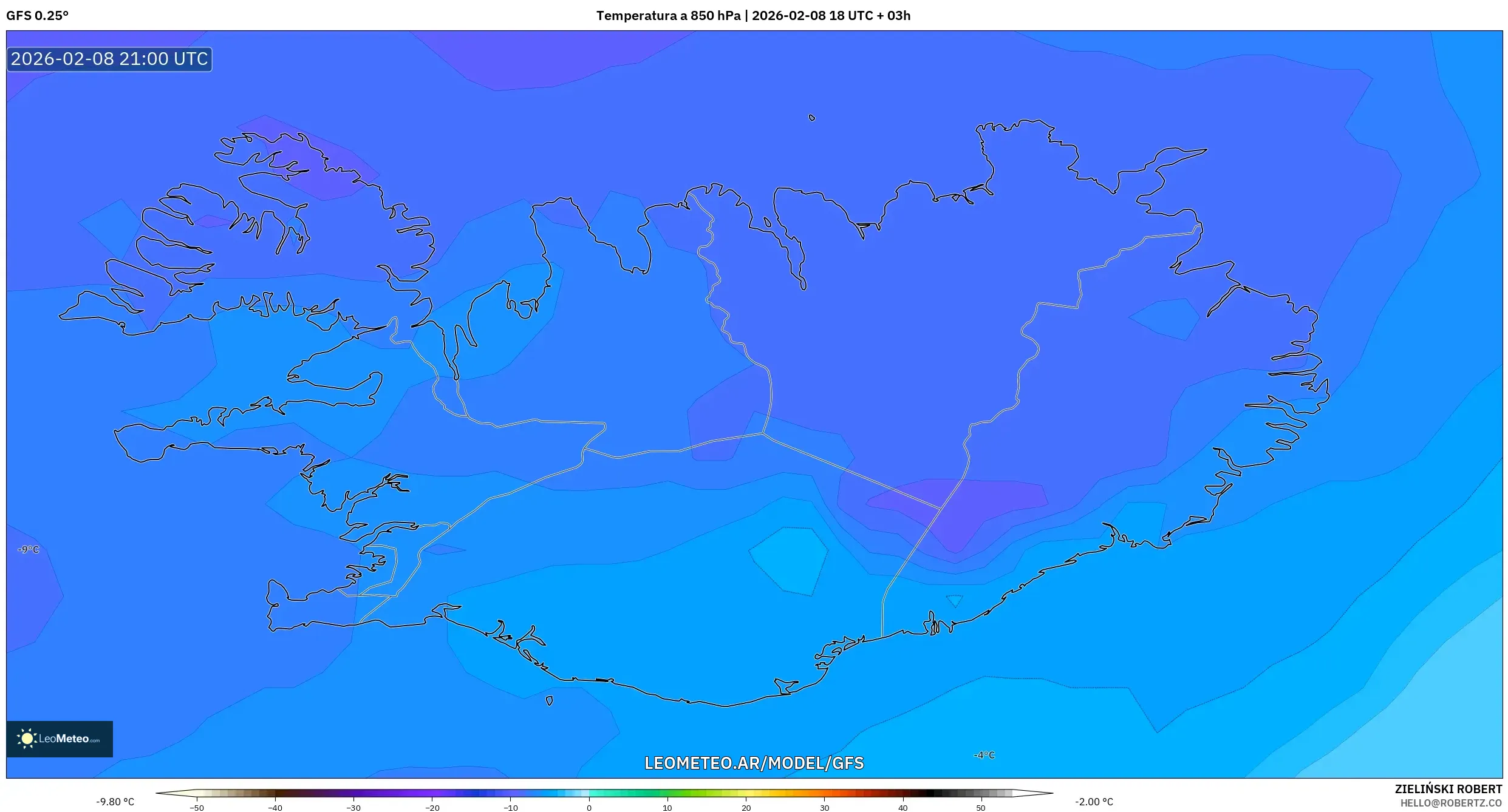 GFS model - Islandia, Temperatura a 850 hPa
