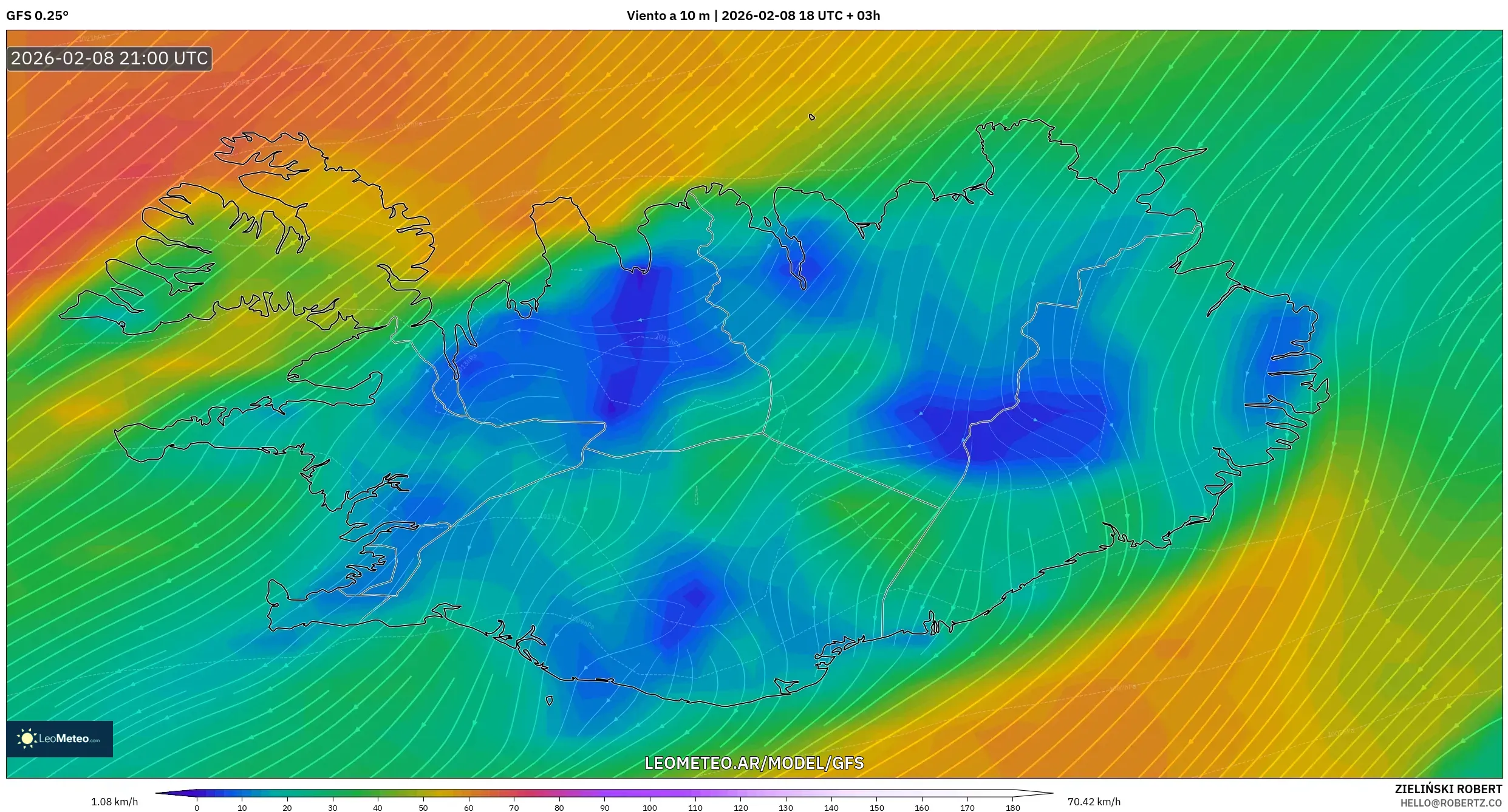 GFS model - Islandia, Viento a 10 m