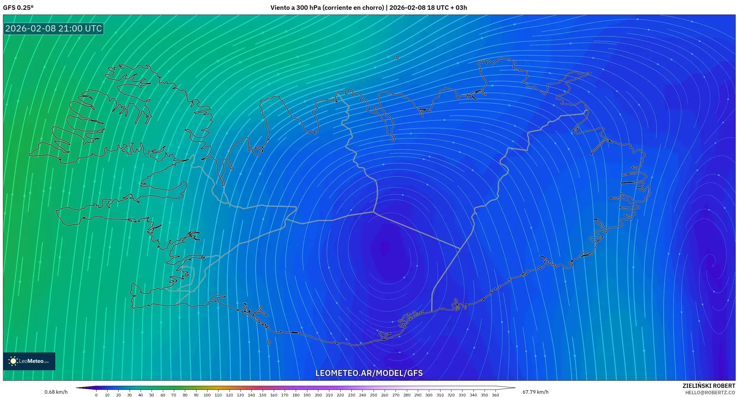 GFS model - Islandia, Viento a 300 hPa (corriente en chorro)