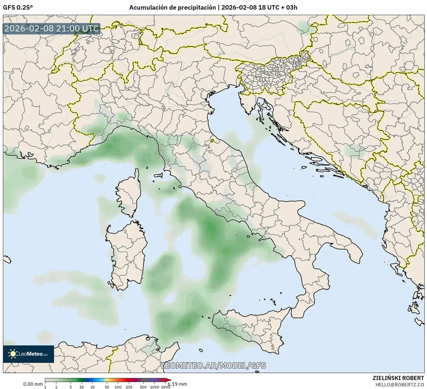 GFS model - Italia, Acumulación de precipitación