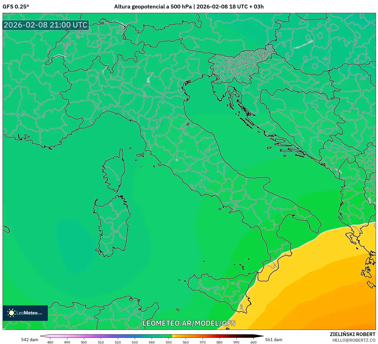 GFS model - Italia, Altura geopotencial a 500 hPa