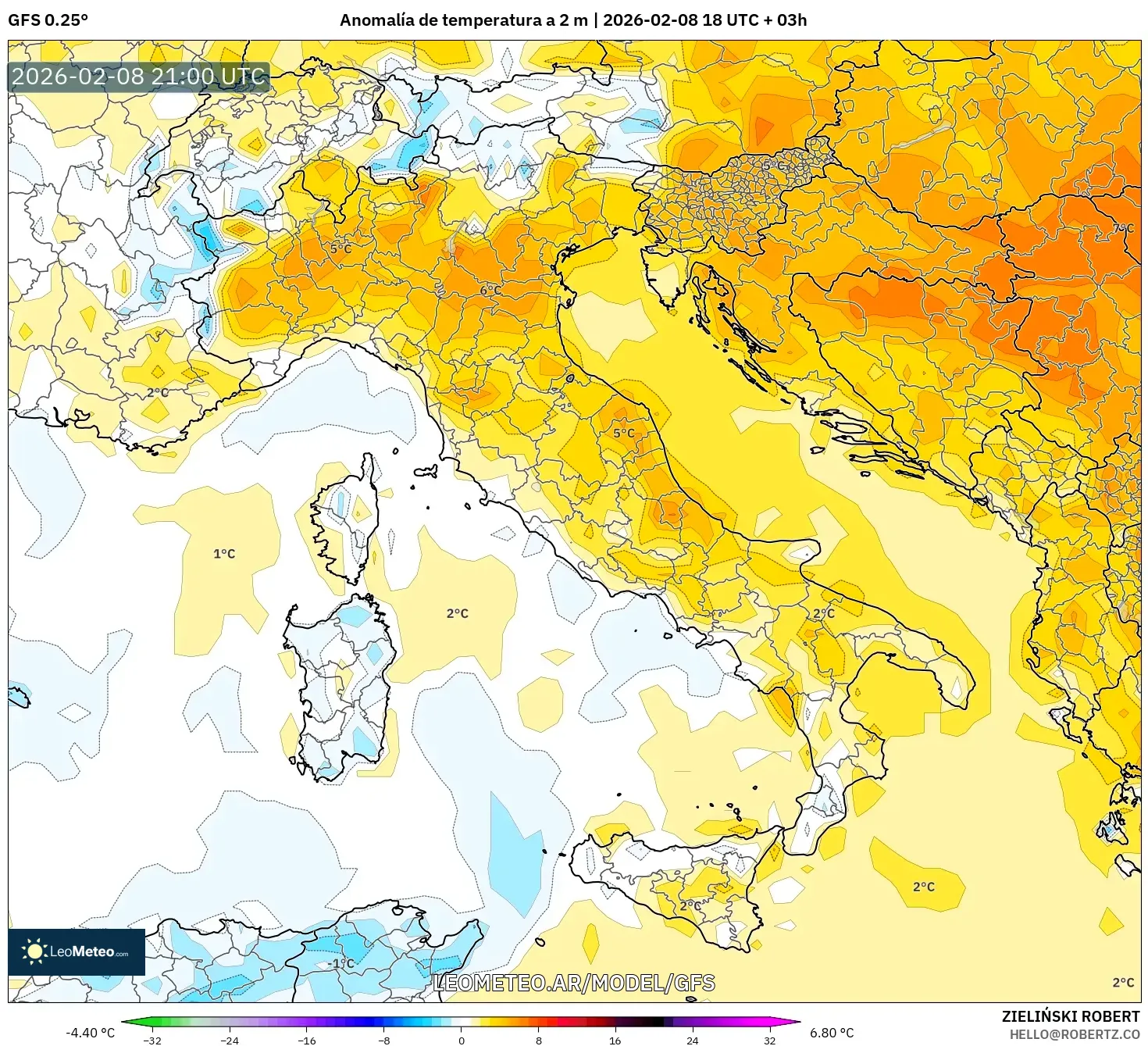 GFS model - Italia, Anomalía de temperatura a 2 m
