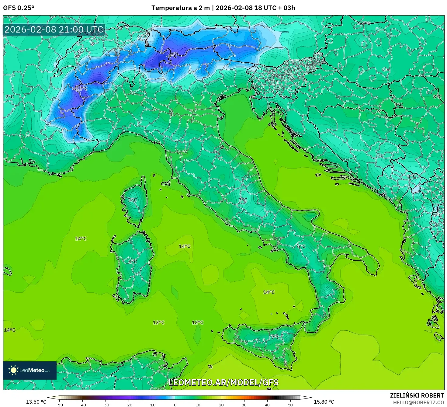 GFS model - Italia, Temperatura a 2 m