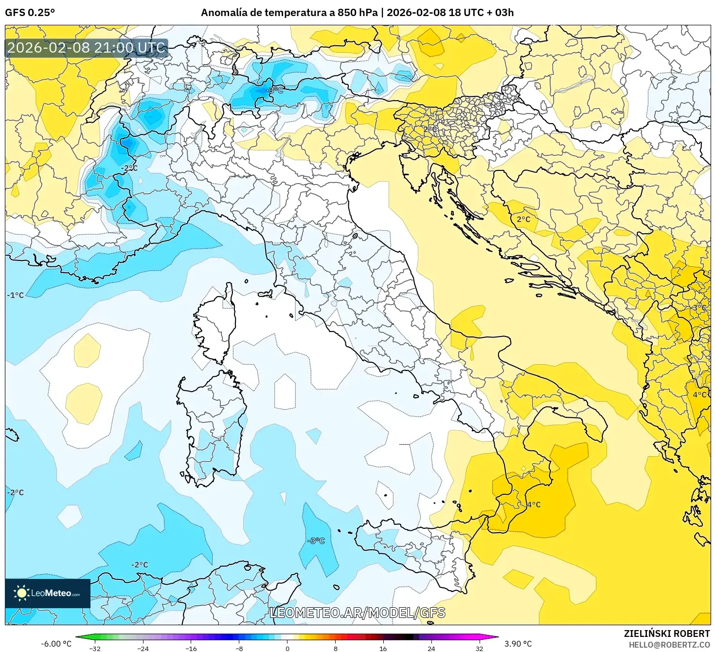 GFS model - Italia, Anomalía de temperatura a 850 hPa