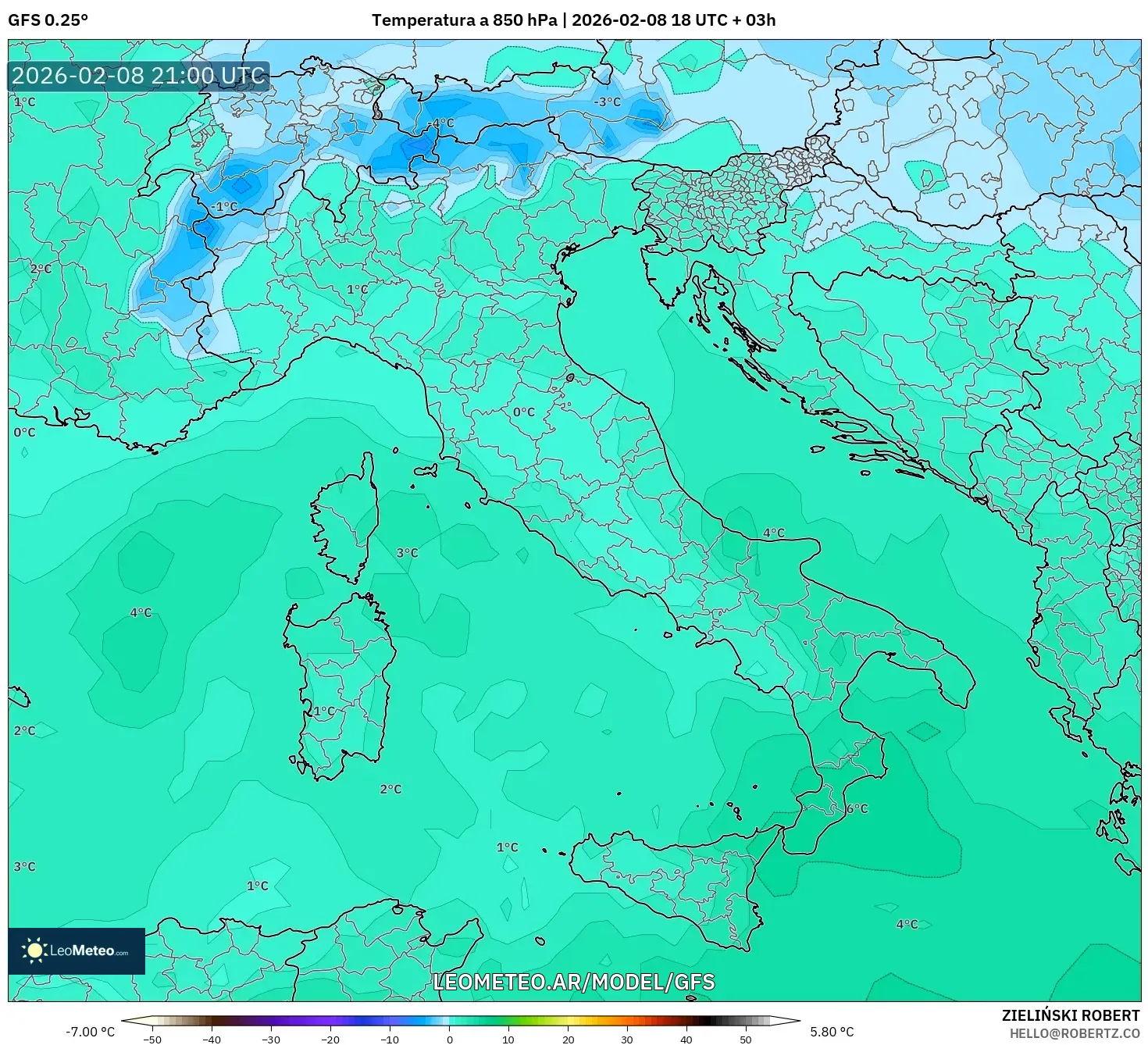 GFS model - Italia, Temperatura a 850 hPa