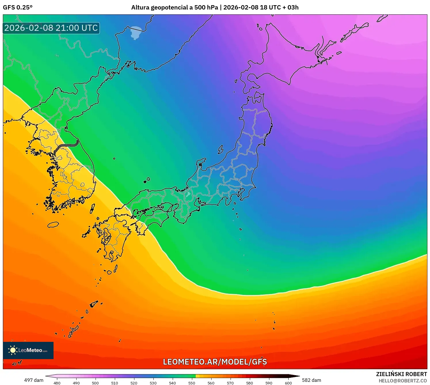 GFS model - Japón, Altura geopotencial a 500 hPa