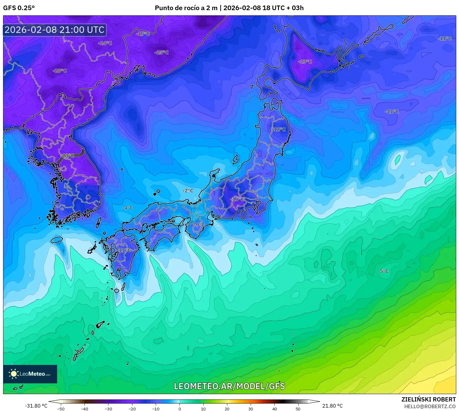 GFS model - Japón, Punto de rocío a 2 m