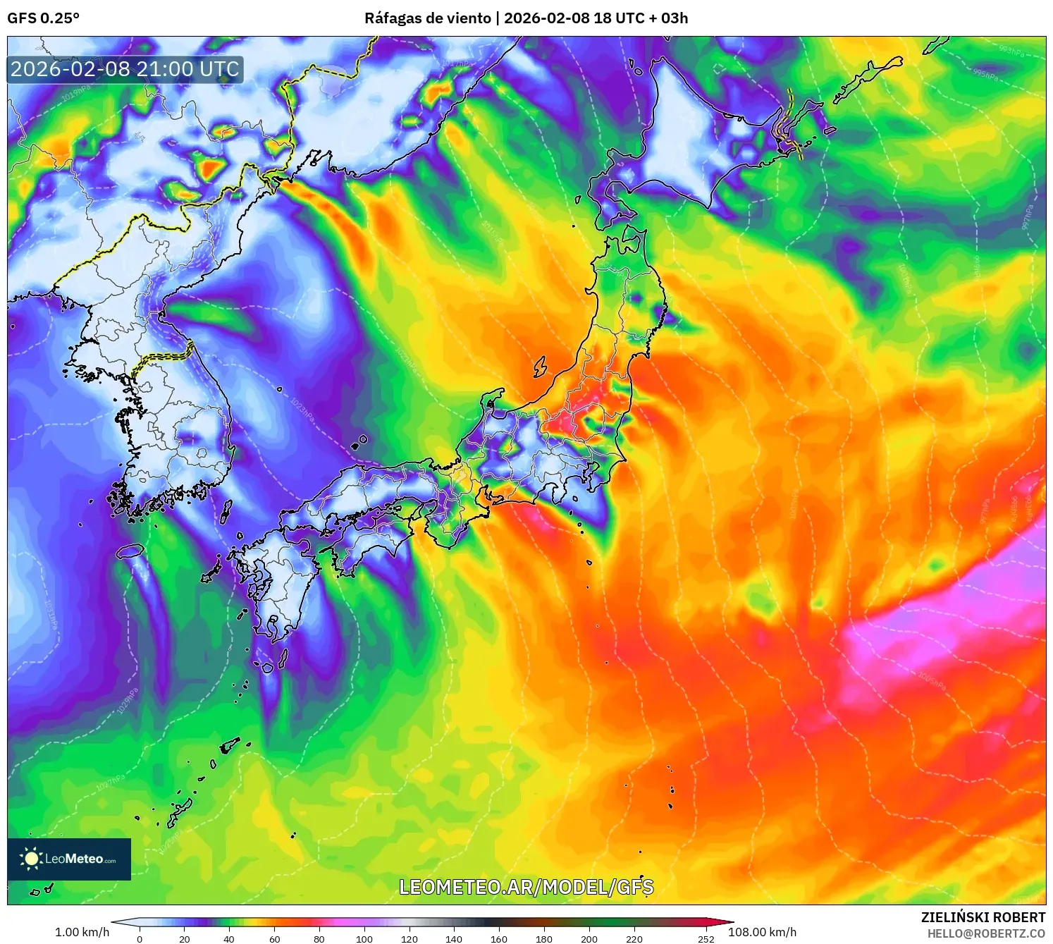GFS model - Japón, Ráfagas de viento