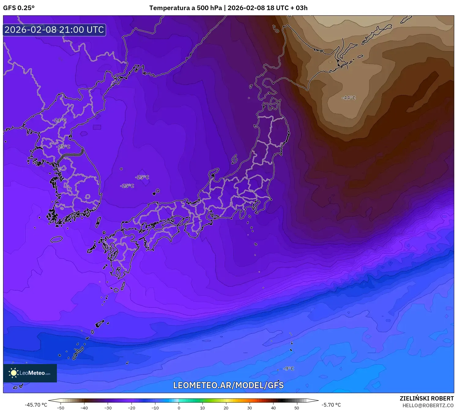 GFS model - Japón, Temperatura a 500 hPa