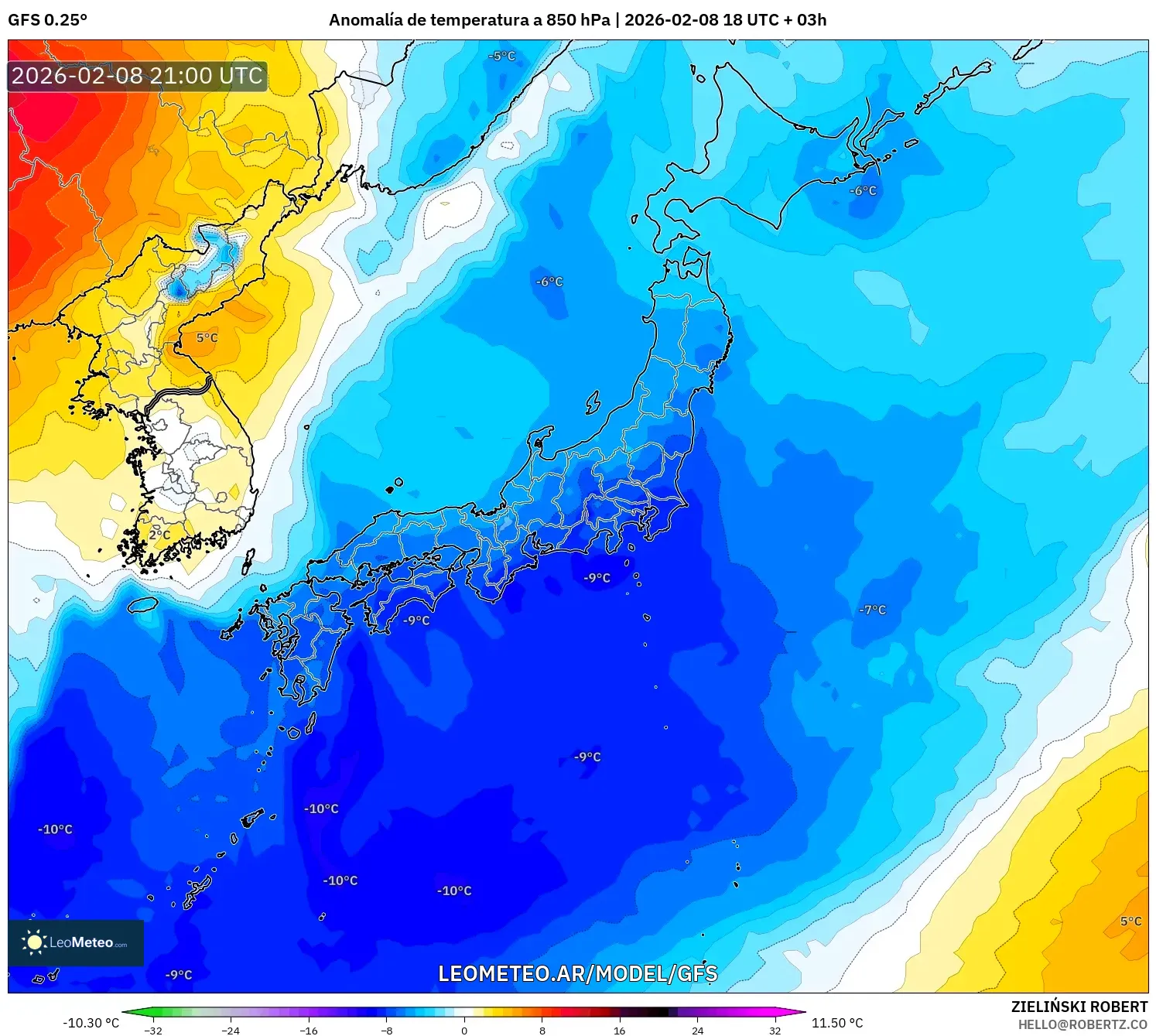 GFS model - Japón, Anomalía de temperatura a 850 hPa