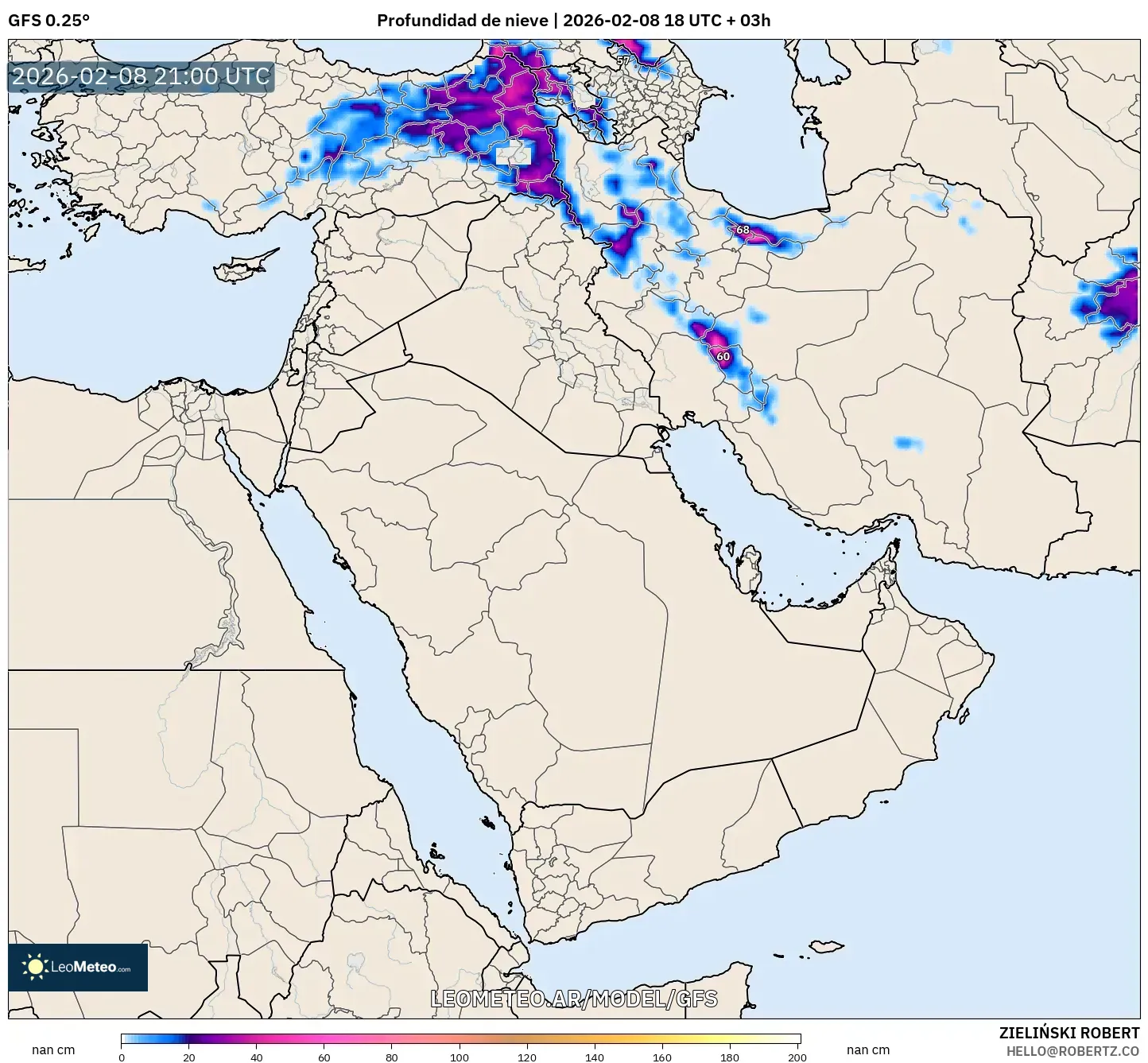 GFS model - Oriente Medio, Profundidad de nieve