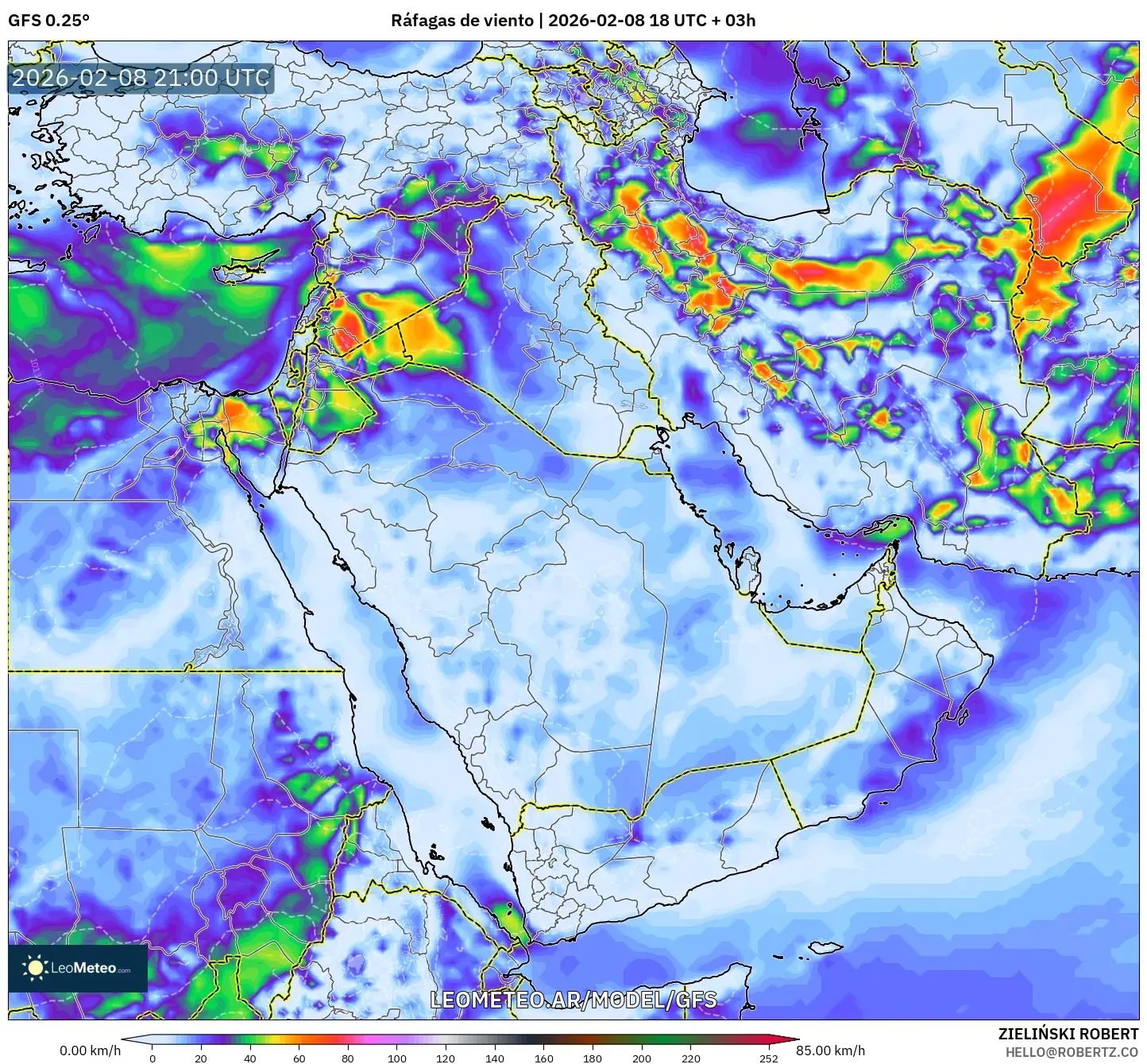 GFS model - Oriente Medio, Ráfagas de viento