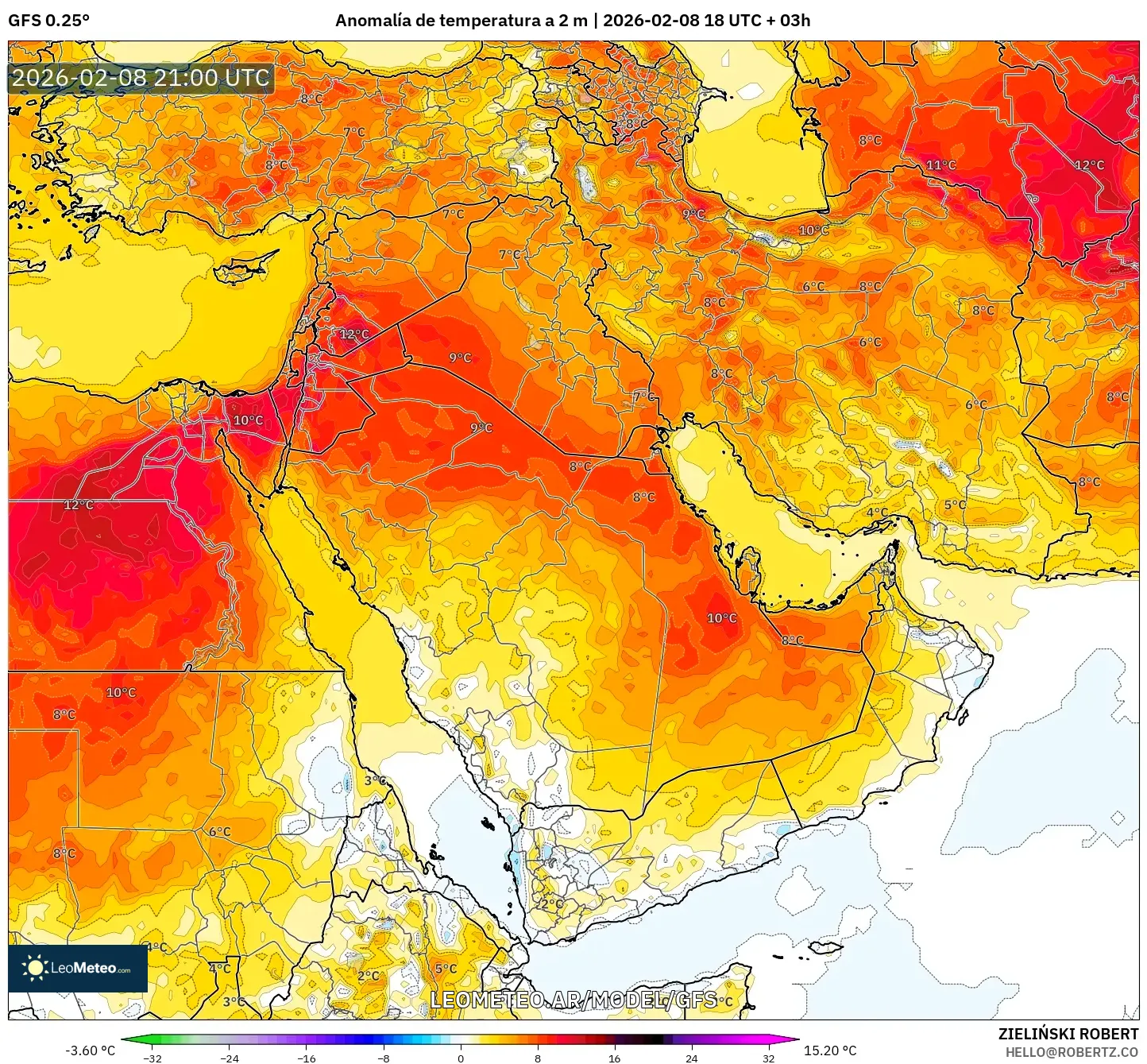 GFS model - Oriente Medio, Anomalía de temperatura a 2 m
