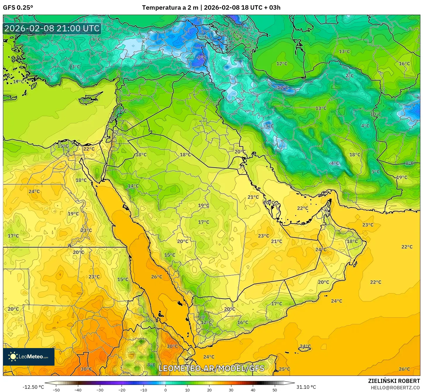 GFS model - Oriente Medio, Temperatura a 2 m