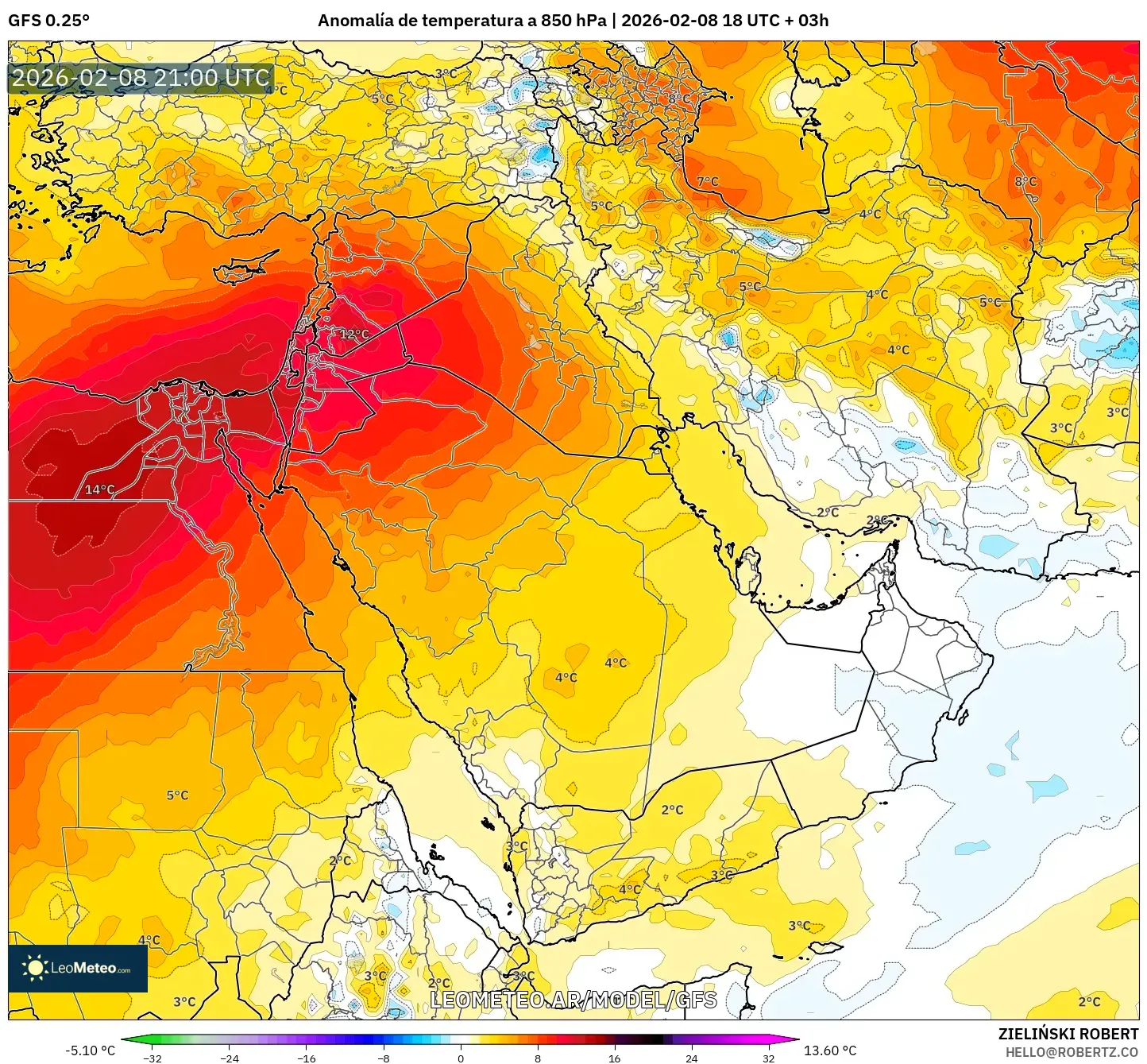 GFS model - Oriente Medio, Anomalía de temperatura a 850 hPa