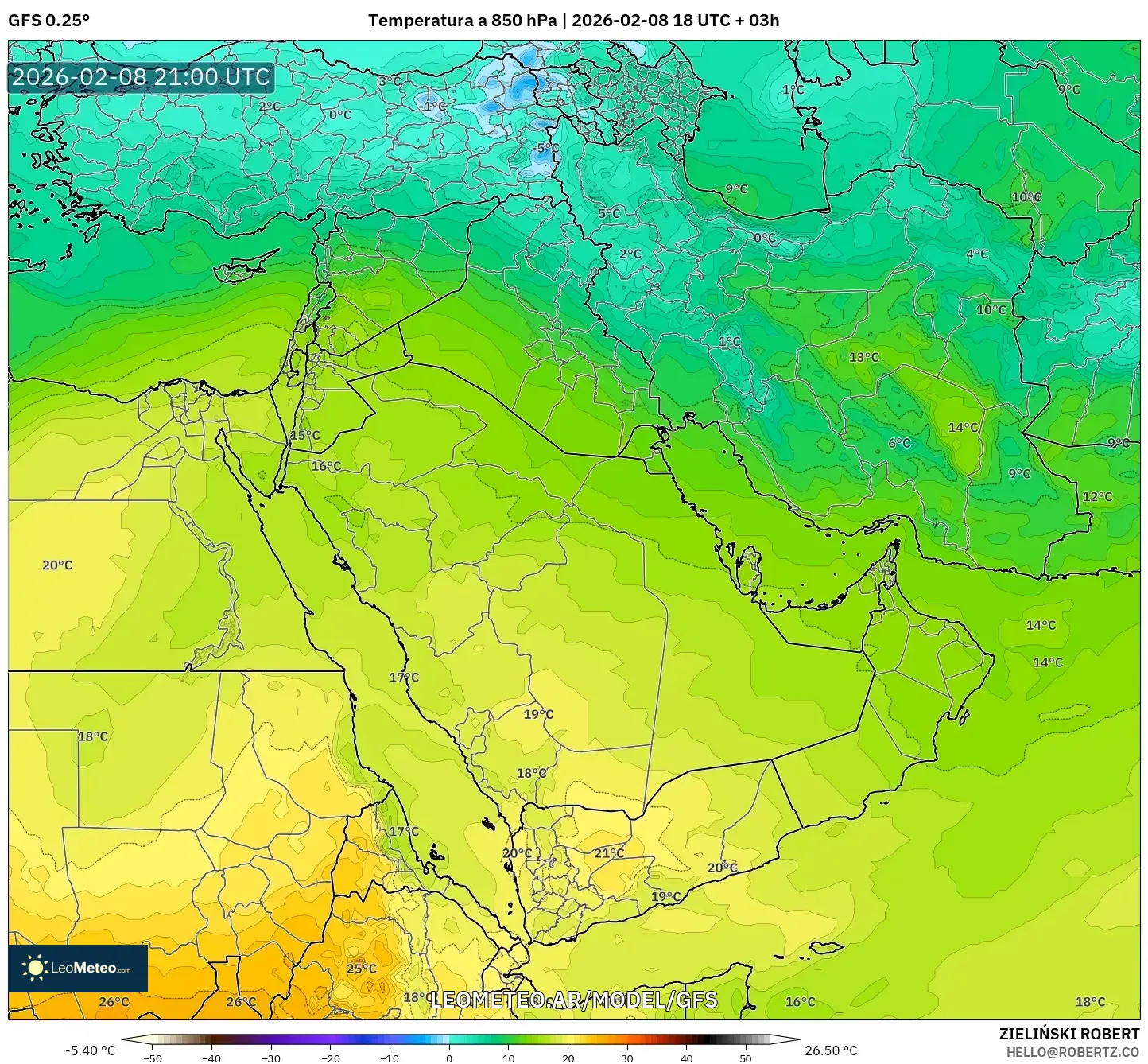 GFS model - Oriente Medio, Temperatura a 850 hPa
